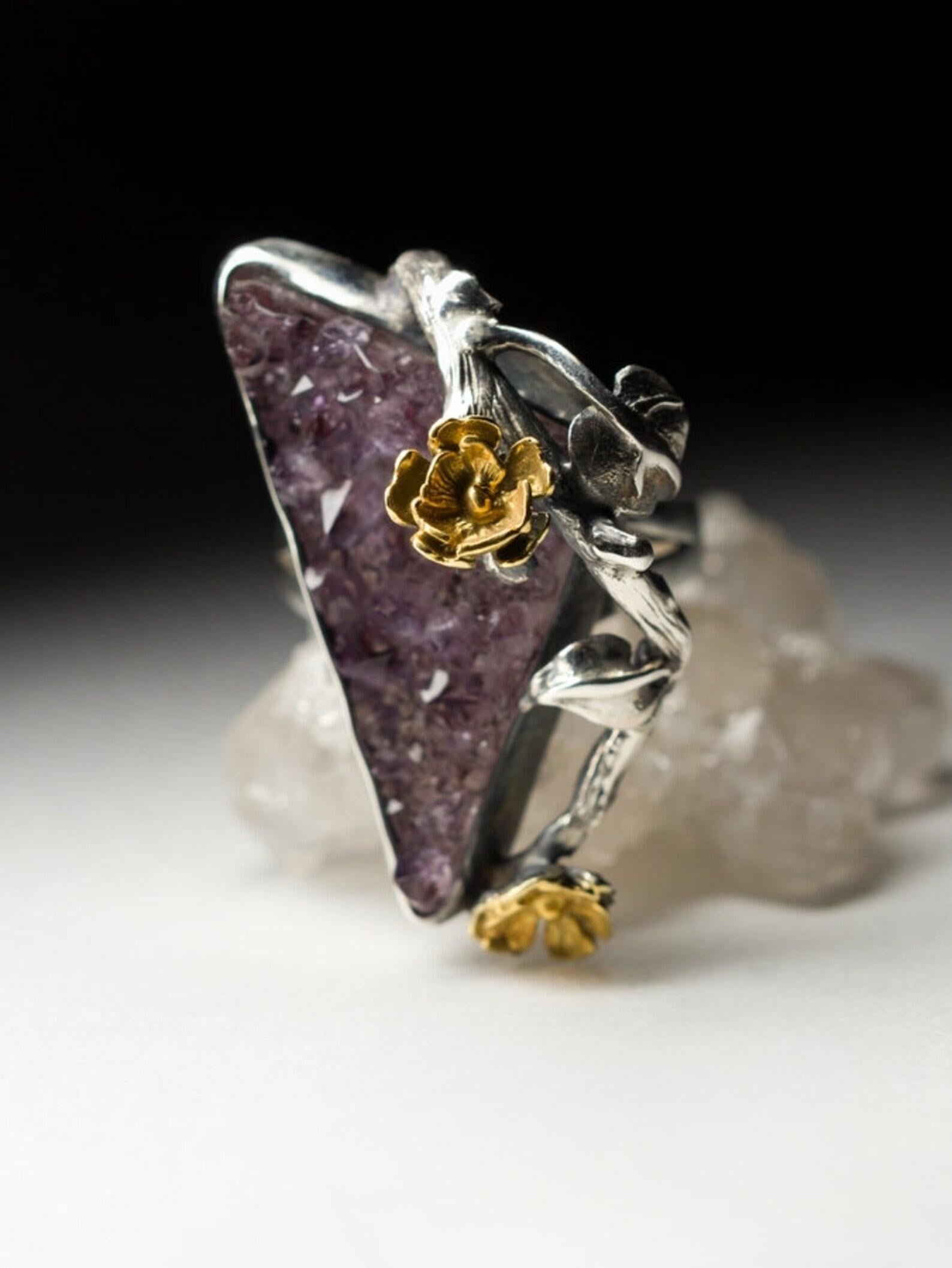 Anello d'argento con cristalli di ametista Sakura, gemma viola naturale ispirata alla Nature in vendita 1