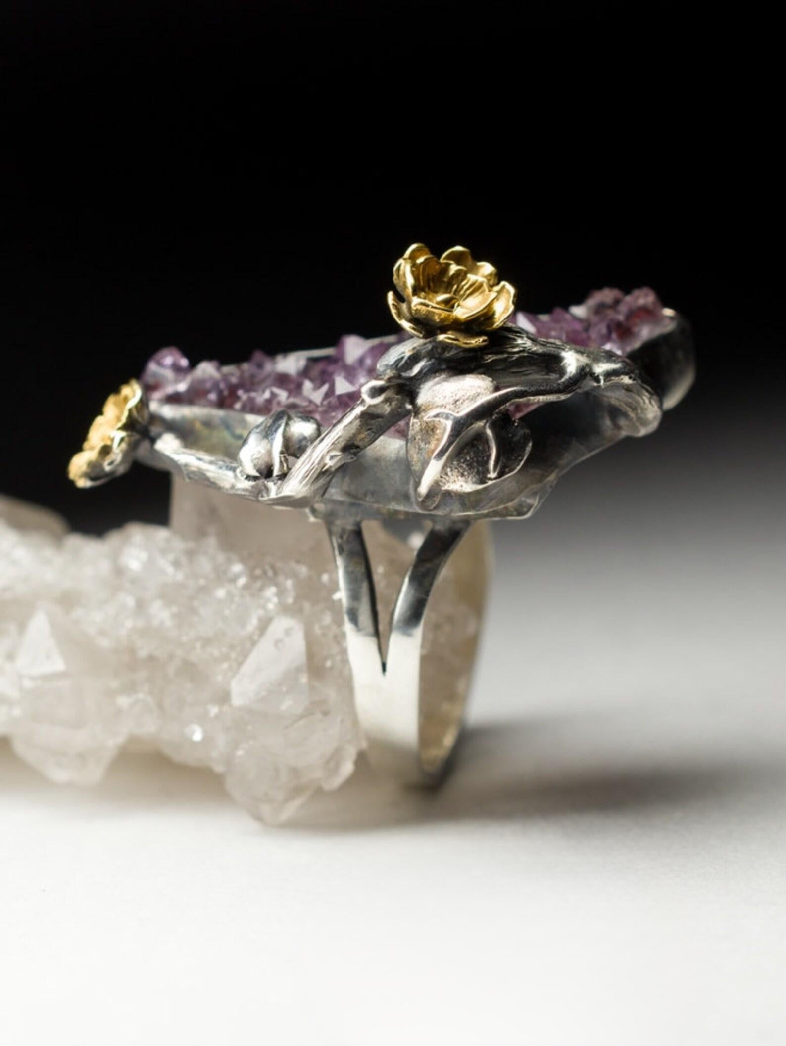 Anello d'argento con cristalli di ametista Sakura, gemma viola naturale ispirata alla Nature in vendita 2