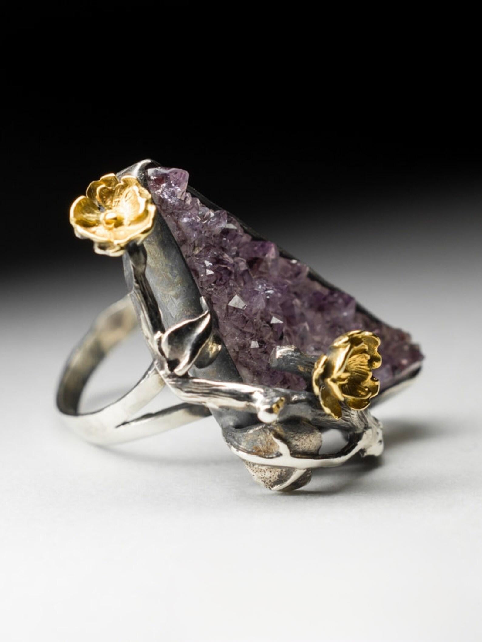 Anello d'argento con cristalli di ametista Sakura, gemma viola naturale ispirata alla Nature in vendita 3