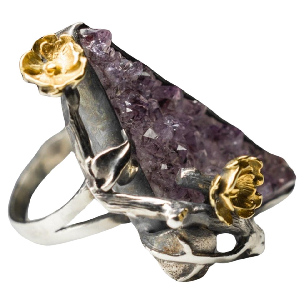 Sakura Amethyst Crystals Silver Ring Natural Purple Gemstone Nature Inspired