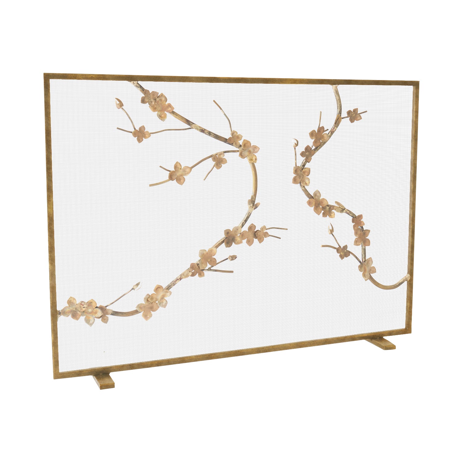 Sakura Brass Fireplace Screen with Aged Gold Frame Finish For Sale