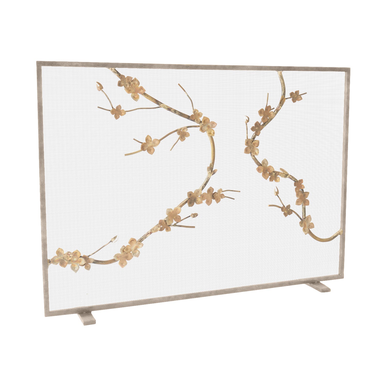 Sakura Brass Fireplace Screen with Aged Silver Frame Finish For Sale