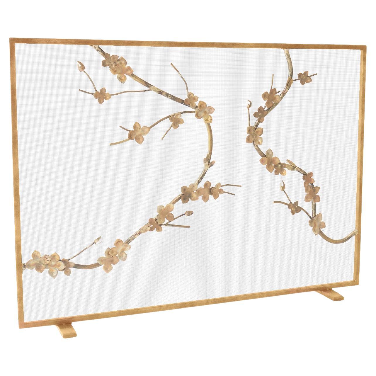 Sakura Brass Fireplace Screen with Brilliant Gold Frame Finish For Sale