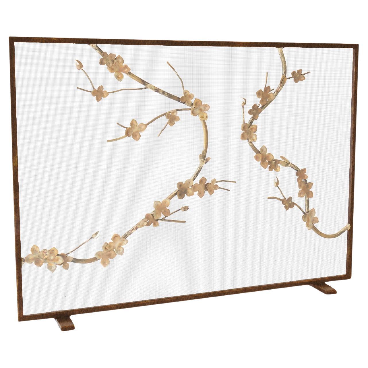Sakura Brass Fireplace Screen with Gold Rubbed Black Frame Finish For Sale