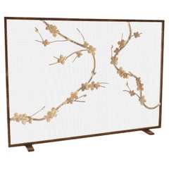 Sakura Brass Fireplace Screen with Gold Rubbed Black Frame Finish