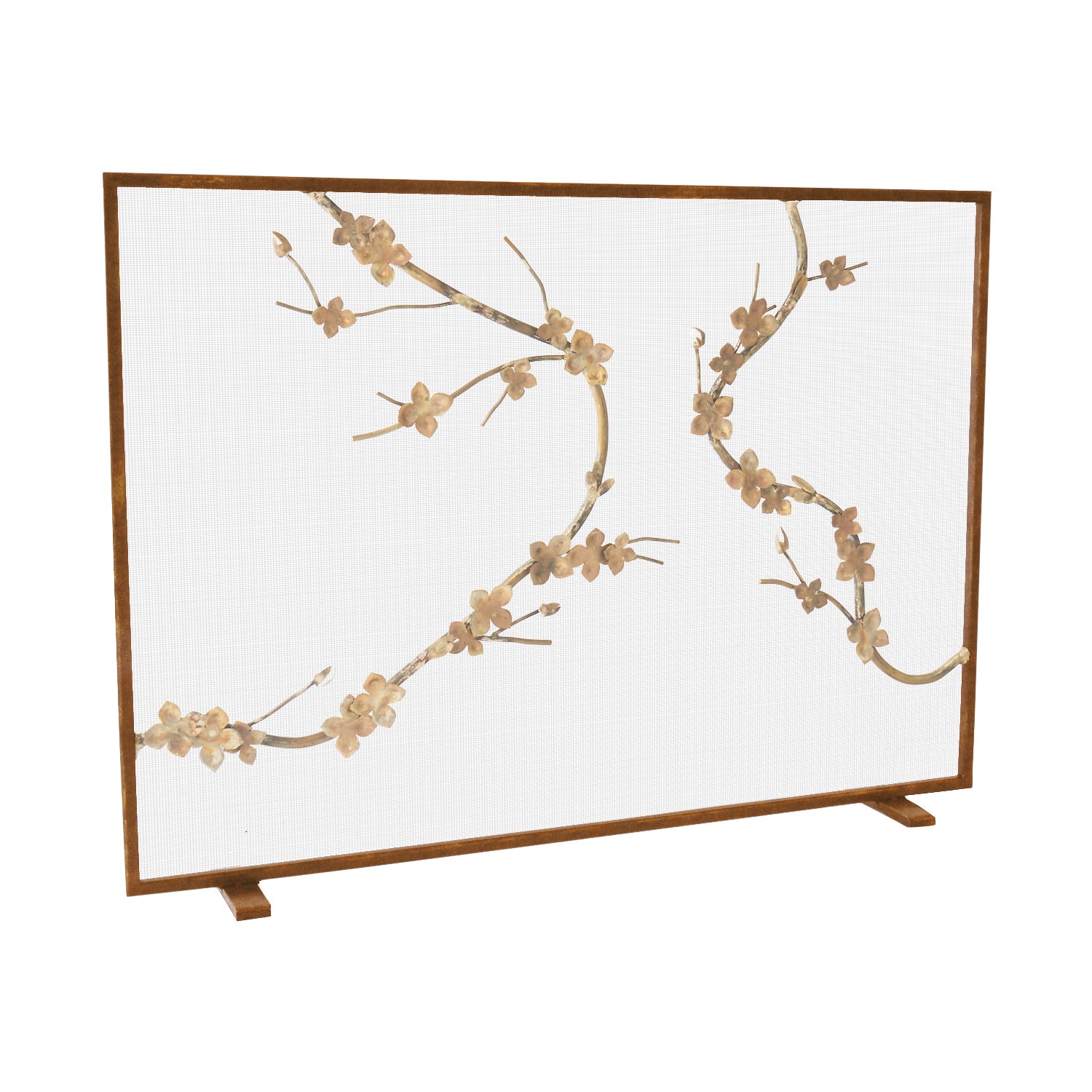 Sakura Brass Fireplace Screen with Tobacco Frame Finish For Sale