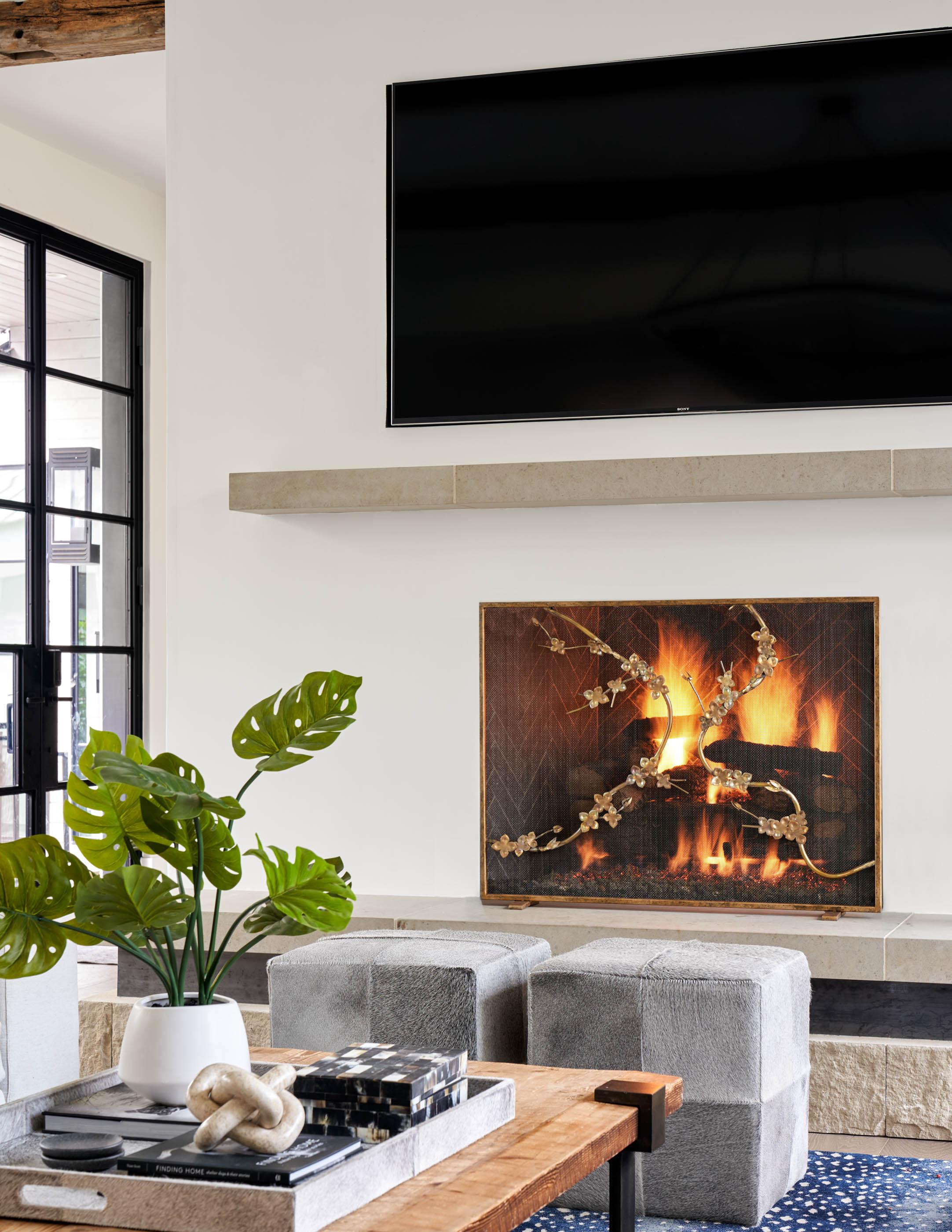 American Sakura Brass Fireplace Screen with Warm Black Frame Finish For Sale