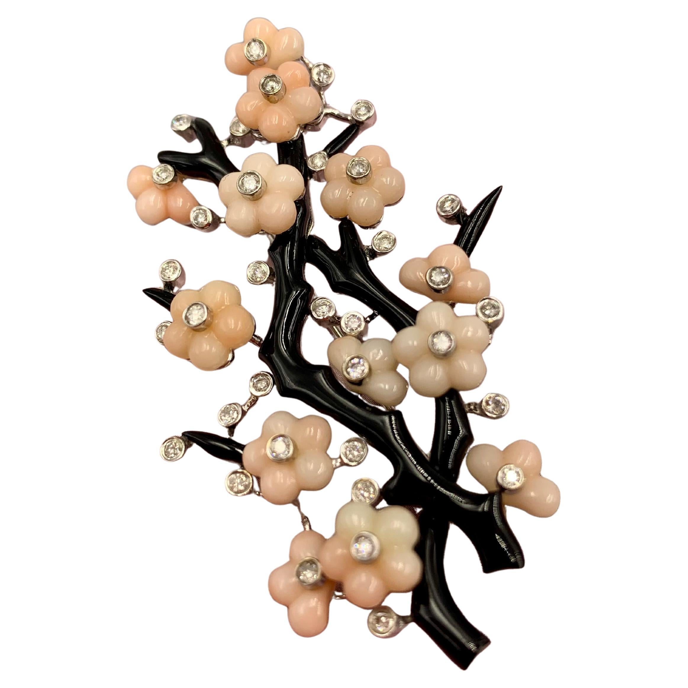 Sakura Cherry Blossom Diamond Carved Coral Enamel 18K White Gold Pendant Brooch
