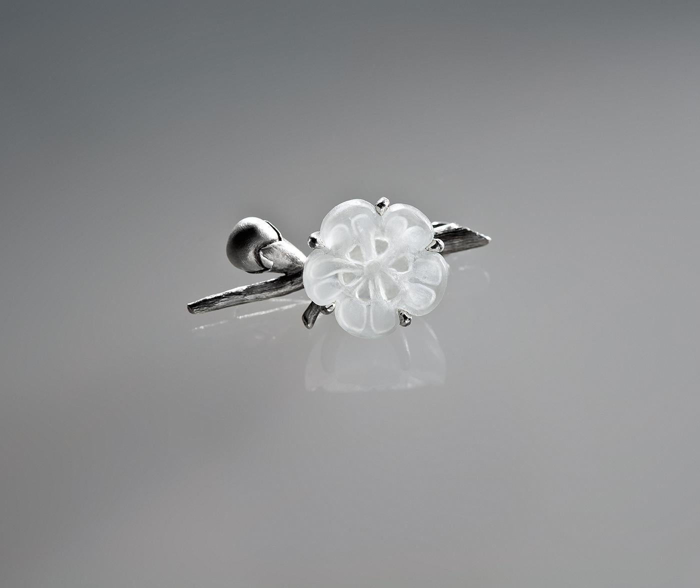 Mixed Cut Sakura Contemporary Floral Brooch with Quartz Flower in Sterling Silver For Sale