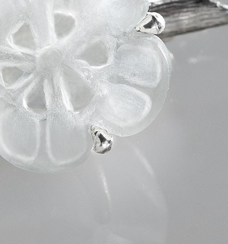 Sakura Contemporary Earrings by the Artist in Silver with Rock Crystal Flowers For Sale 4