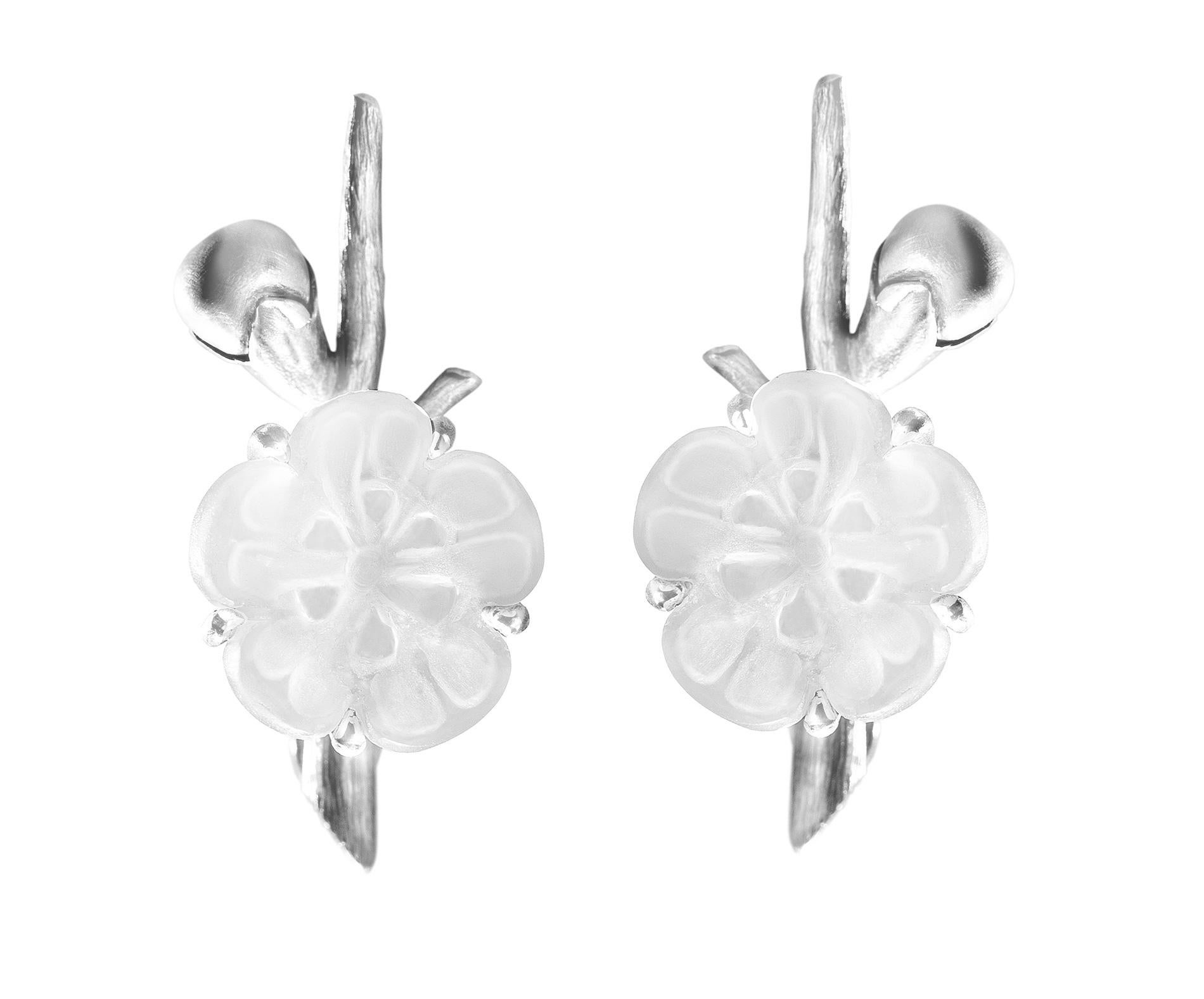 Sakura Contemporary Stud Earrings in Sterling Silver with Rock Crystal Flowers For Sale 8