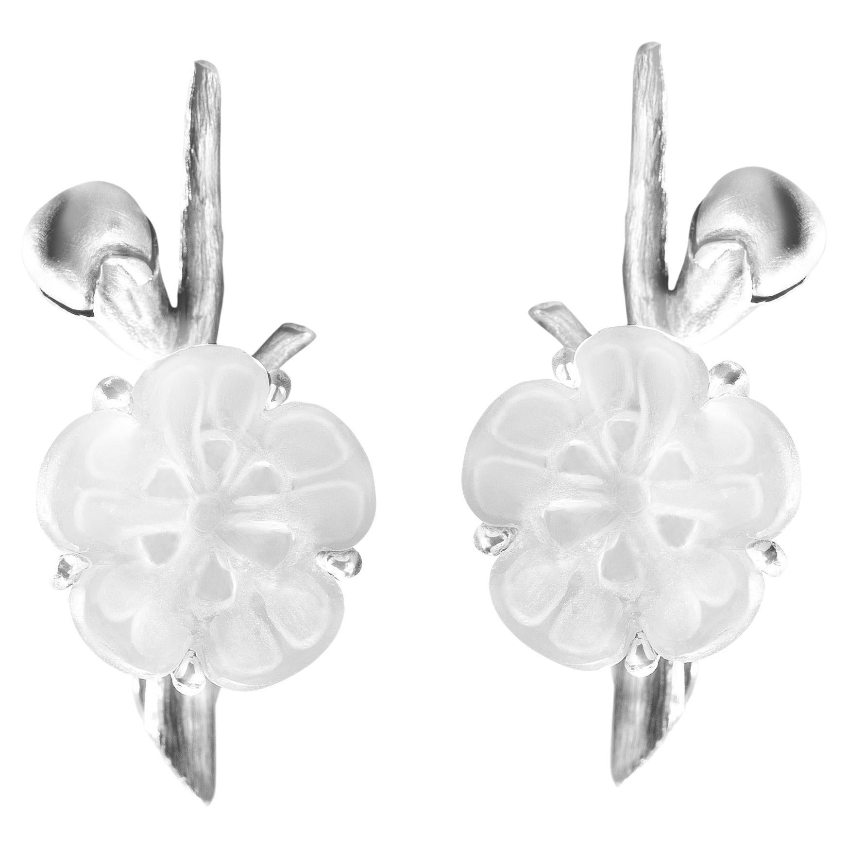 Sakura Contemporary Earrings by the Artist in Silver with Rock Crystal Flowers For Sale