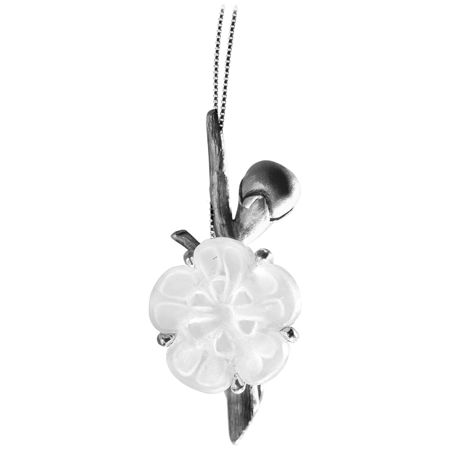 Sakura Contemporary Pendant by the Artist in Silver with Rock Crystal Flower For Sale 7