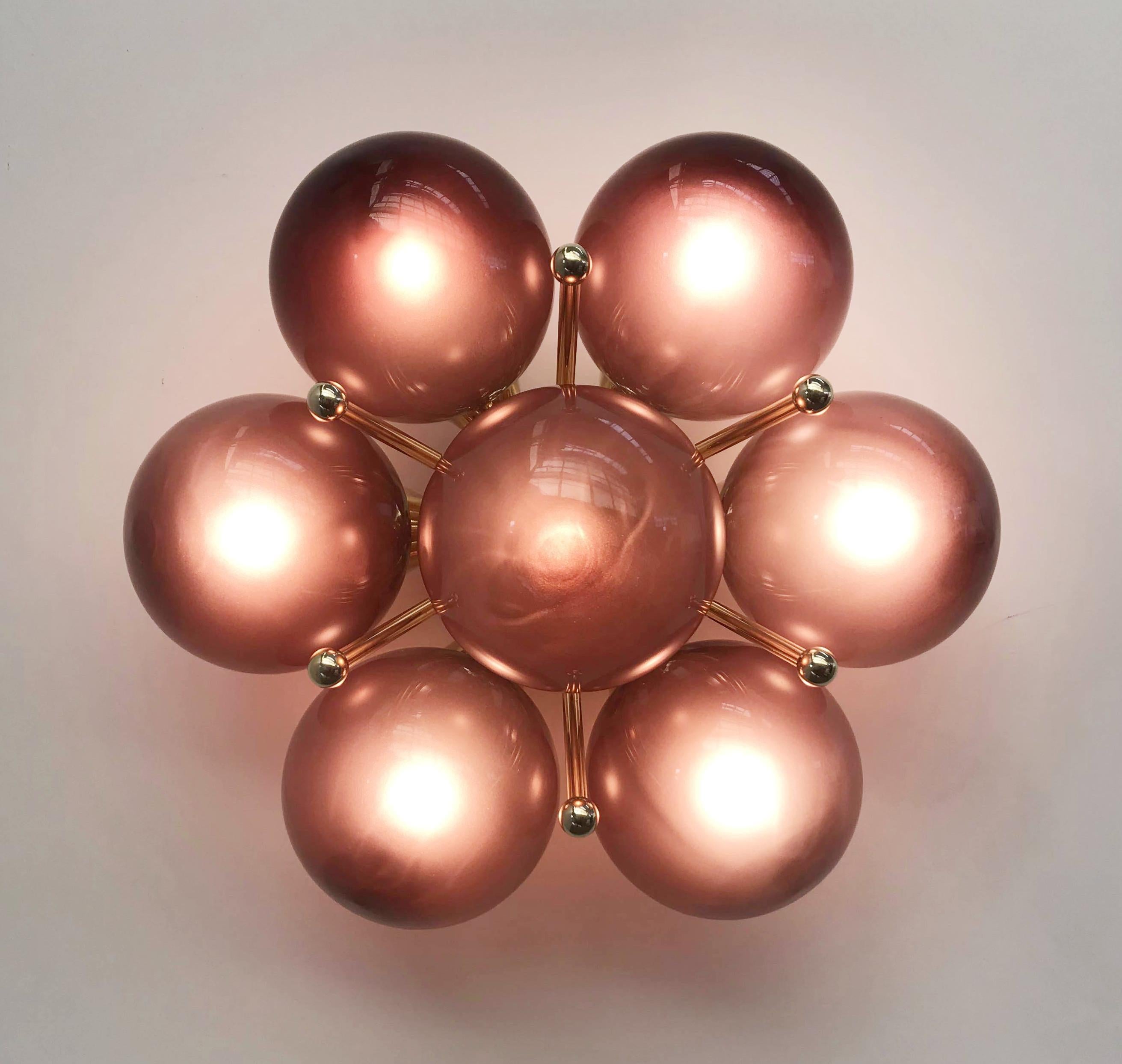 Italian flush mount with Murano glass globes mounted on solid brass frame
Designed by Fabio Bergomi / Made in Italy
7 lights / E12 or E14 type / max 40W each
Diameter: 22 inches / Height: 11 inches
Order only / This item ships from Italy
Order