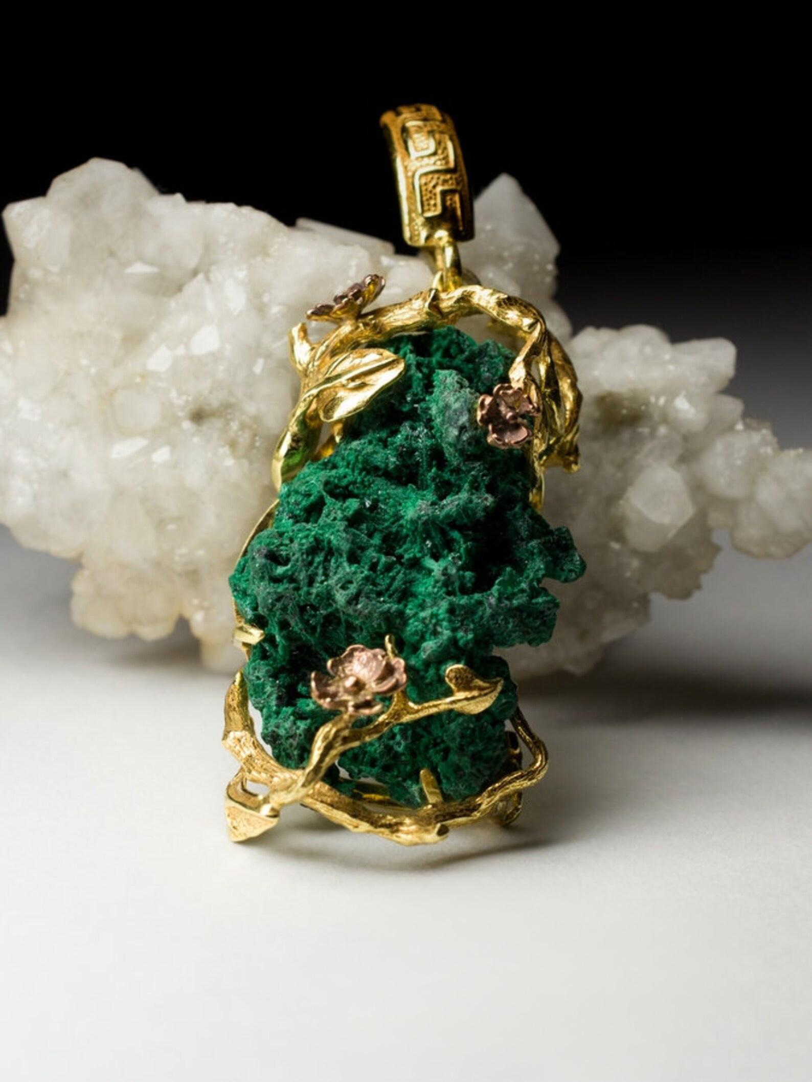 Artisan Sakura Malachite Necklace Silver Pendant Flower Malachite Raw Vintage style For Sale