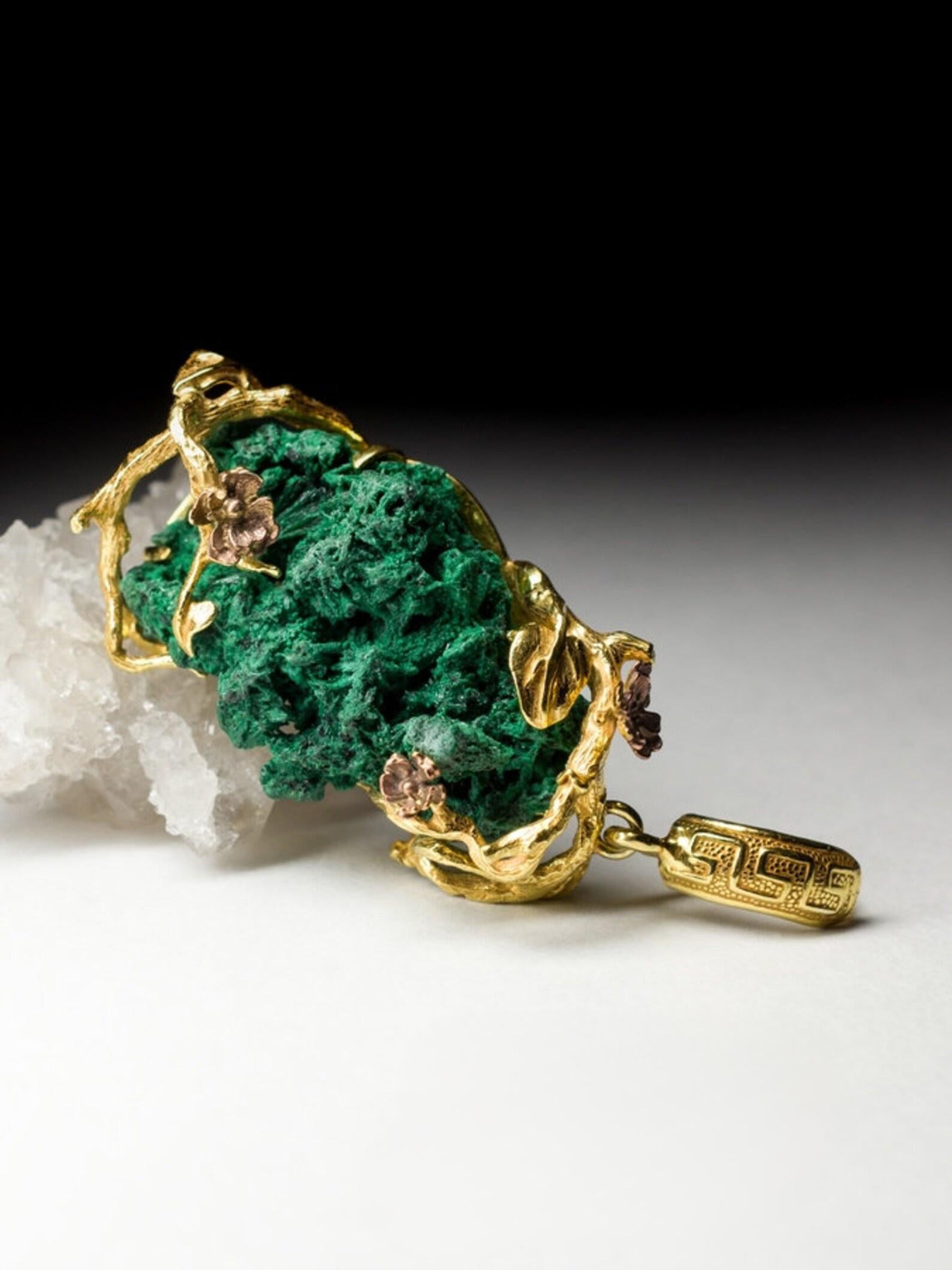 Uncut Sakura Malachite Necklace Silver Pendant Flower Malachite Raw Vintage style For Sale