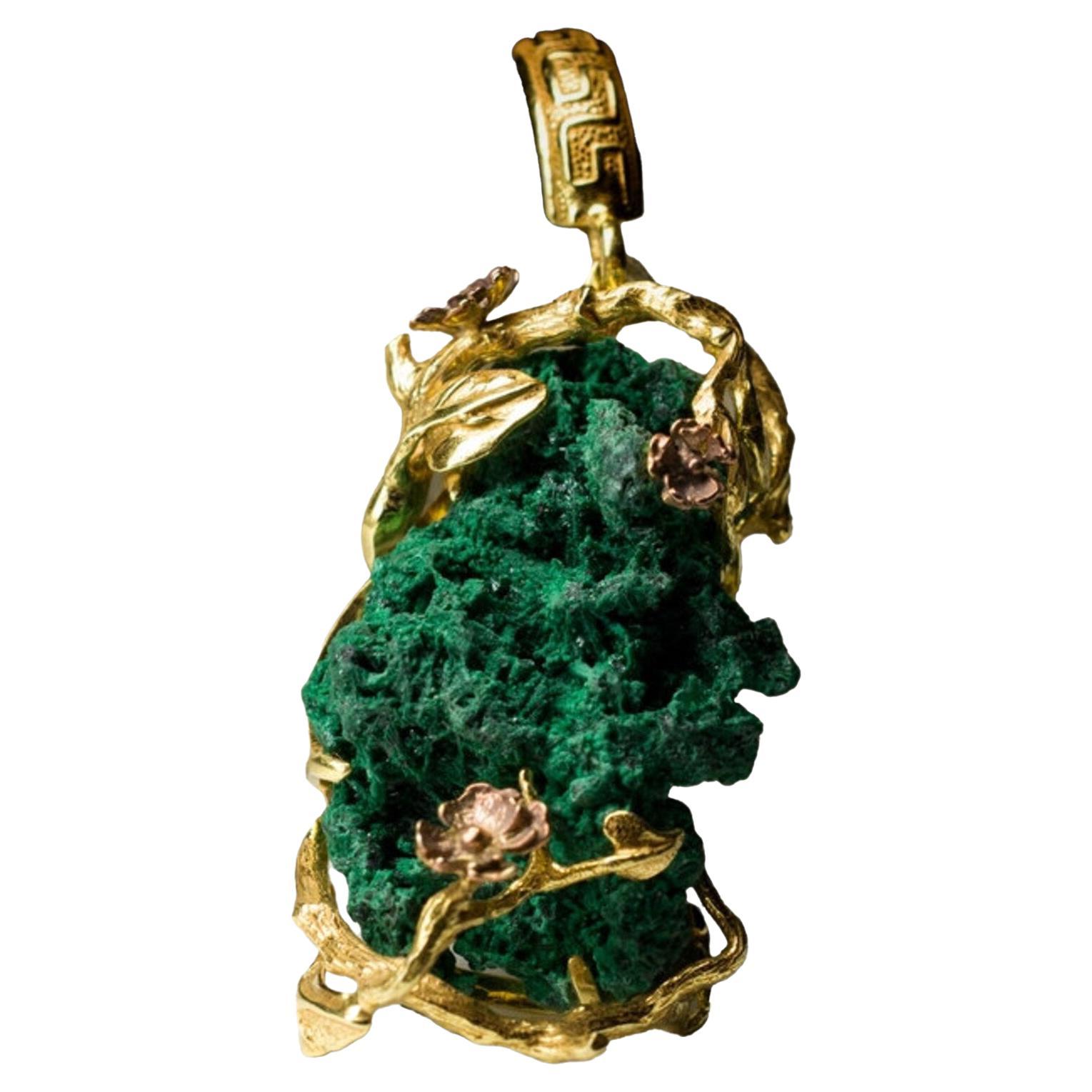 Sakura Malachite Necklace Silver Pendant Flower Malachite Raw Vintage style For Sale