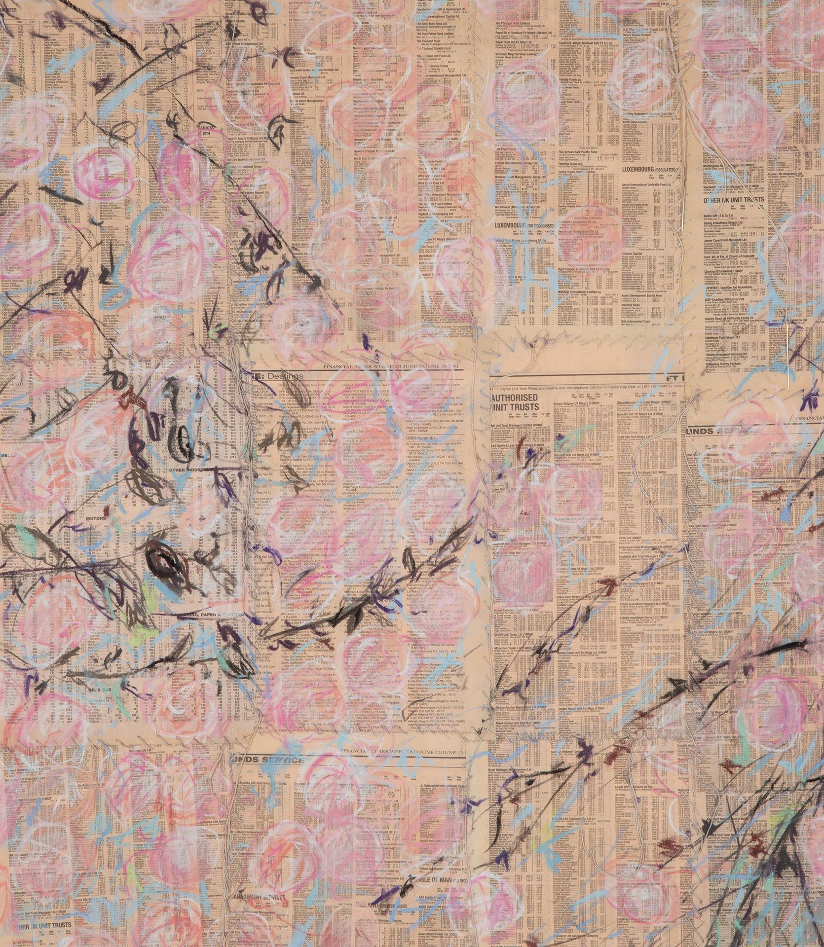 Sakura auf FT.5'. Zarte Pastellfarben, Kohle und Baumwollfaden auf Seiten der Financial Times. Carla Groppi, 2025

Abmessungen einschließlich Rahmen. Die preisgekrönte Carla Groppi wurde 1958 in Whitfield Street, Fitzrovia, London geboren und wuchs