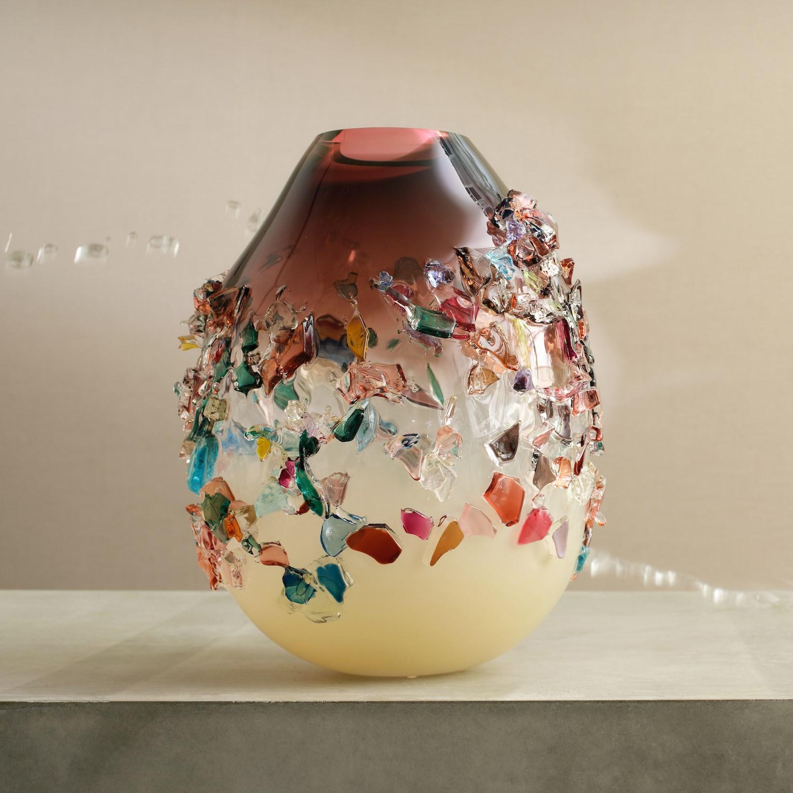 Hand-Crafted Sakura TRP20003, a Glass Vase in Dark Pink with Mixed Colors by Maarten Vrolijk