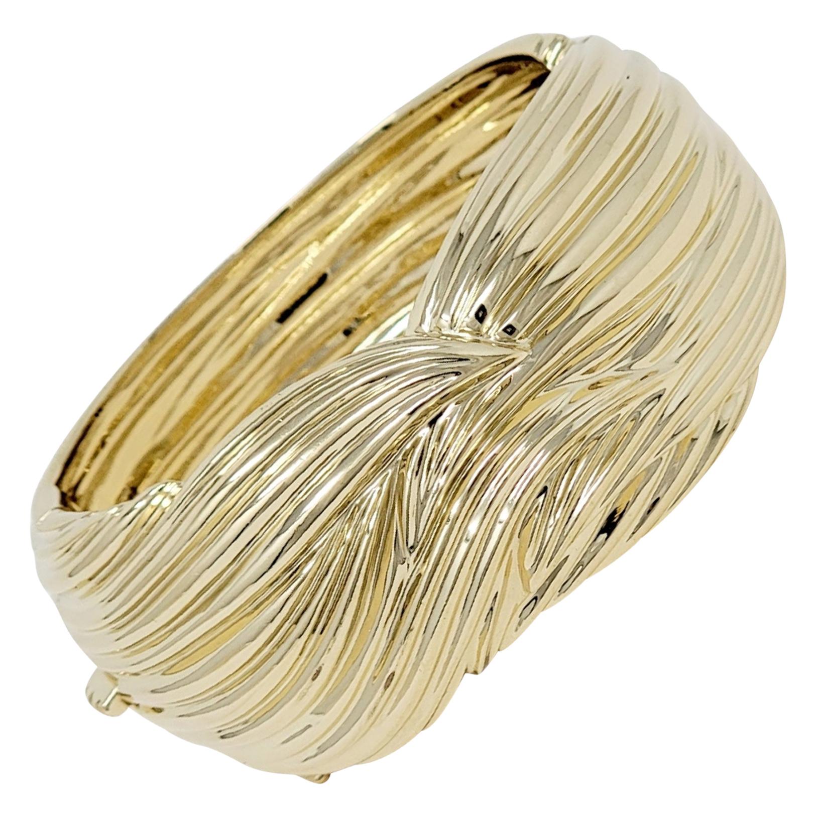 Sal Praschnik 14 Karat Yellow Gold Wide Textured Hinged Cuff Bracelet, 1985