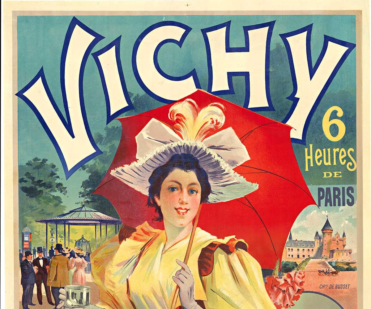 Cartel francés vintage litografía original de piedra de Vichy - Print de Sala