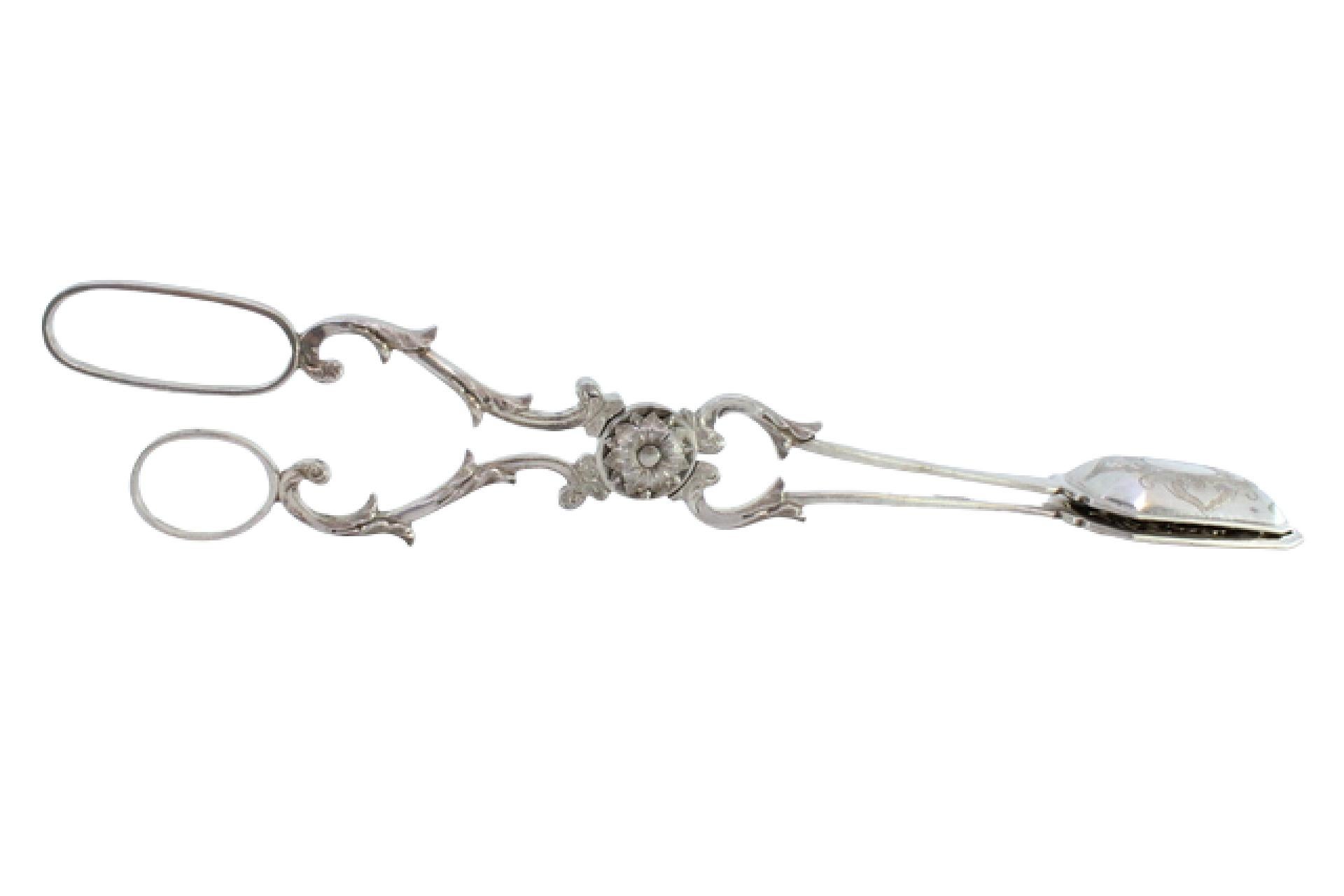 Salad, bread or sauce tongs in scalloped silver For Sale