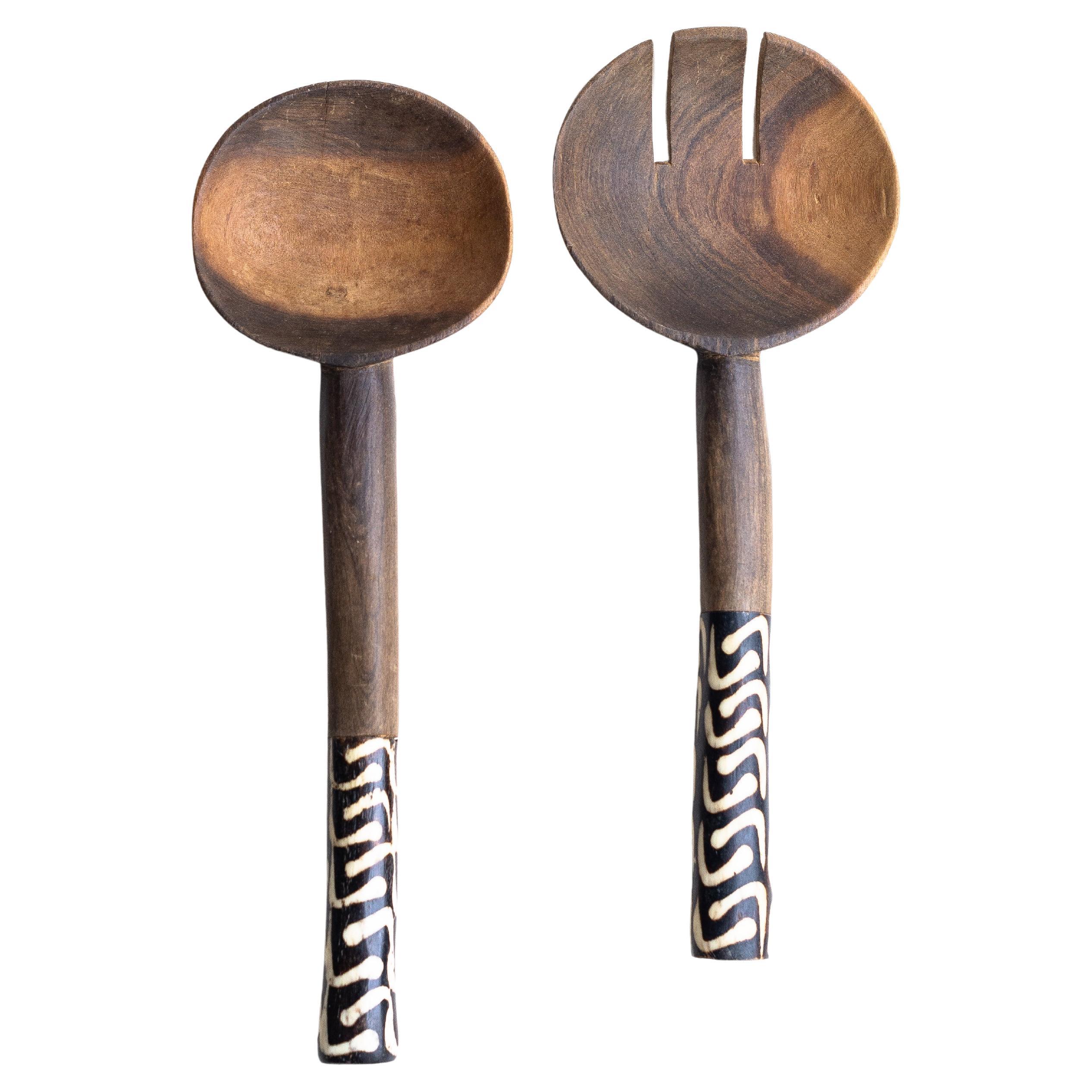 Servidores de Ensalada, Madera de Olivo Tallada y Hueso, Kenia