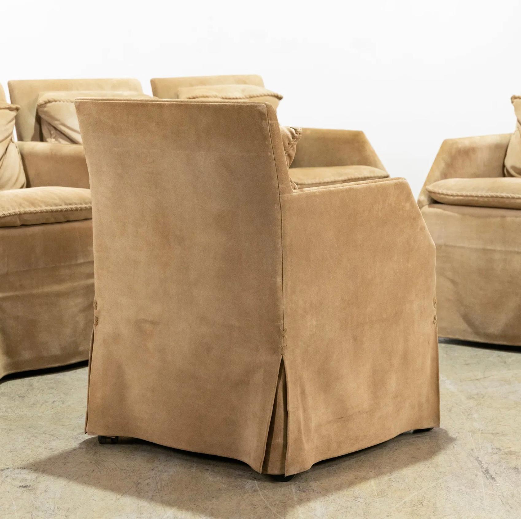 Villa Chairs: Designed and manufactured by John Saladino / Saladino Furniture group. A very beautiful presenting set of 6 villa chairs in a beautiful tan suede with loose cushion seat and back cushion in matching suede finish. Chairs are on casters