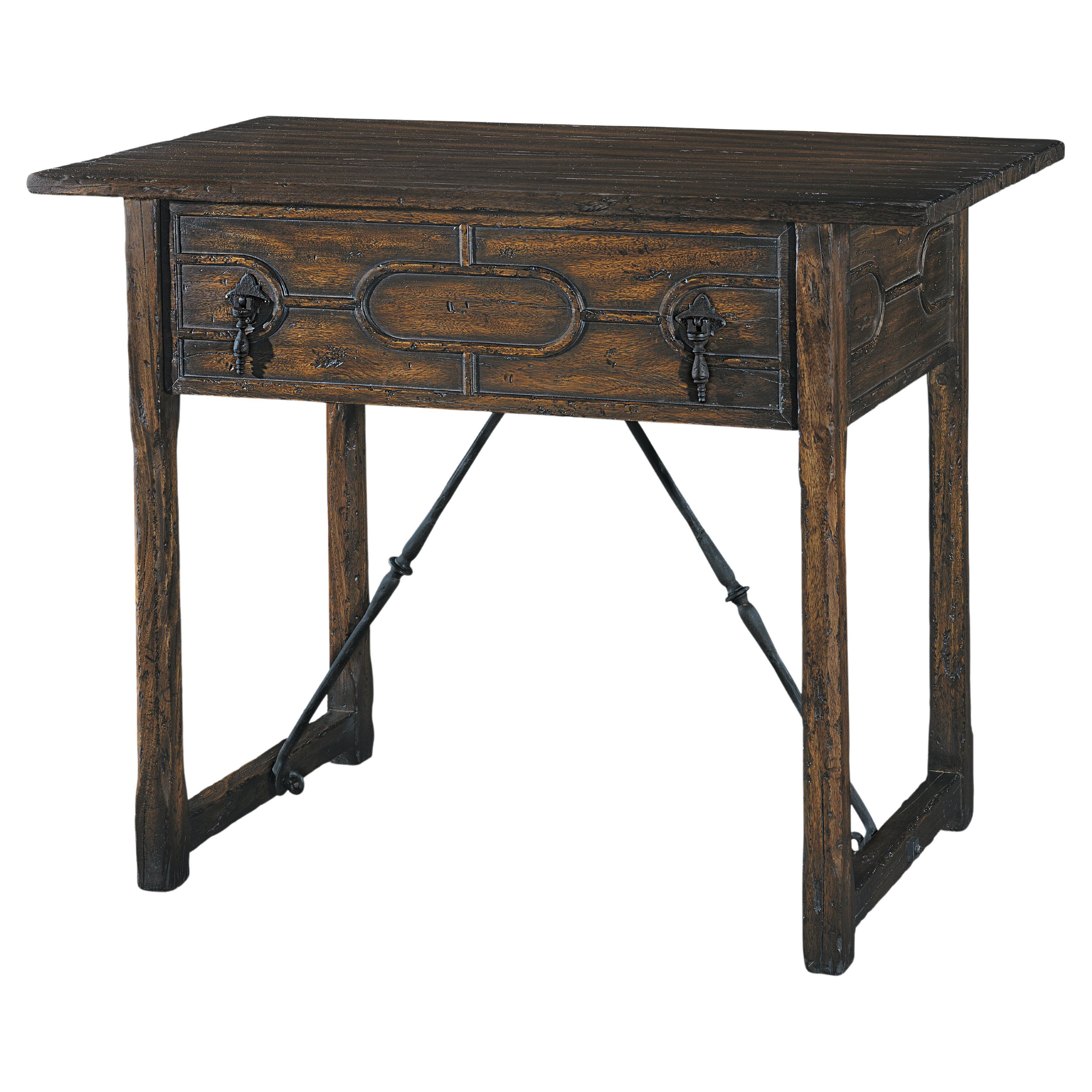 Salamanca lamp table w/ drawer decorated w/ moldings, square legs & a metal wind For Sale