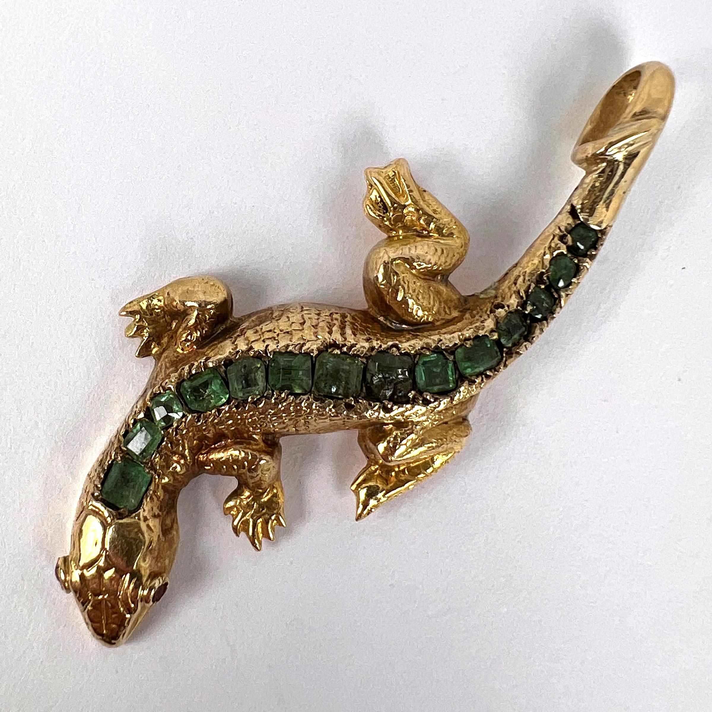 Salamander Lizard 18K Yellow Gold Emerald Ruby Pendant For Sale 2