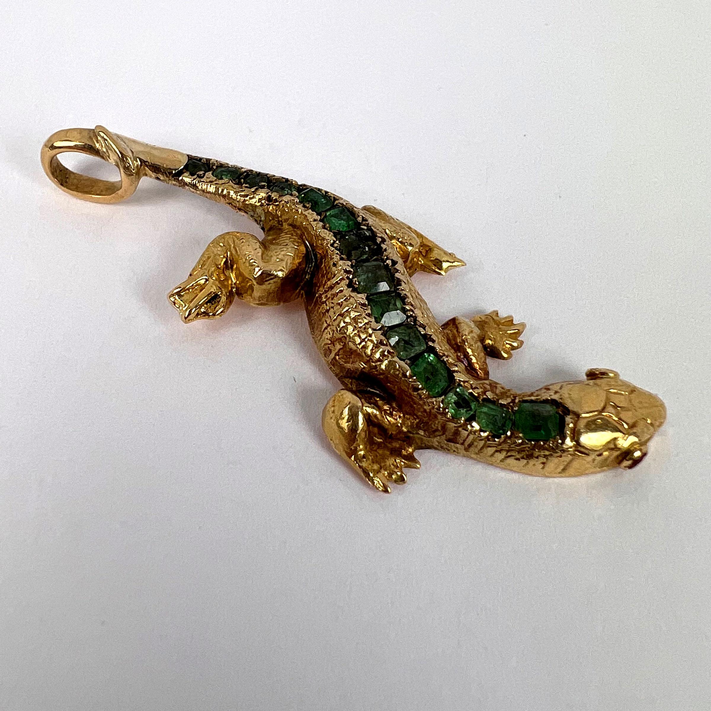 Salamander Lizard 18K Yellow Gold Emerald Ruby Pendant For Sale 3