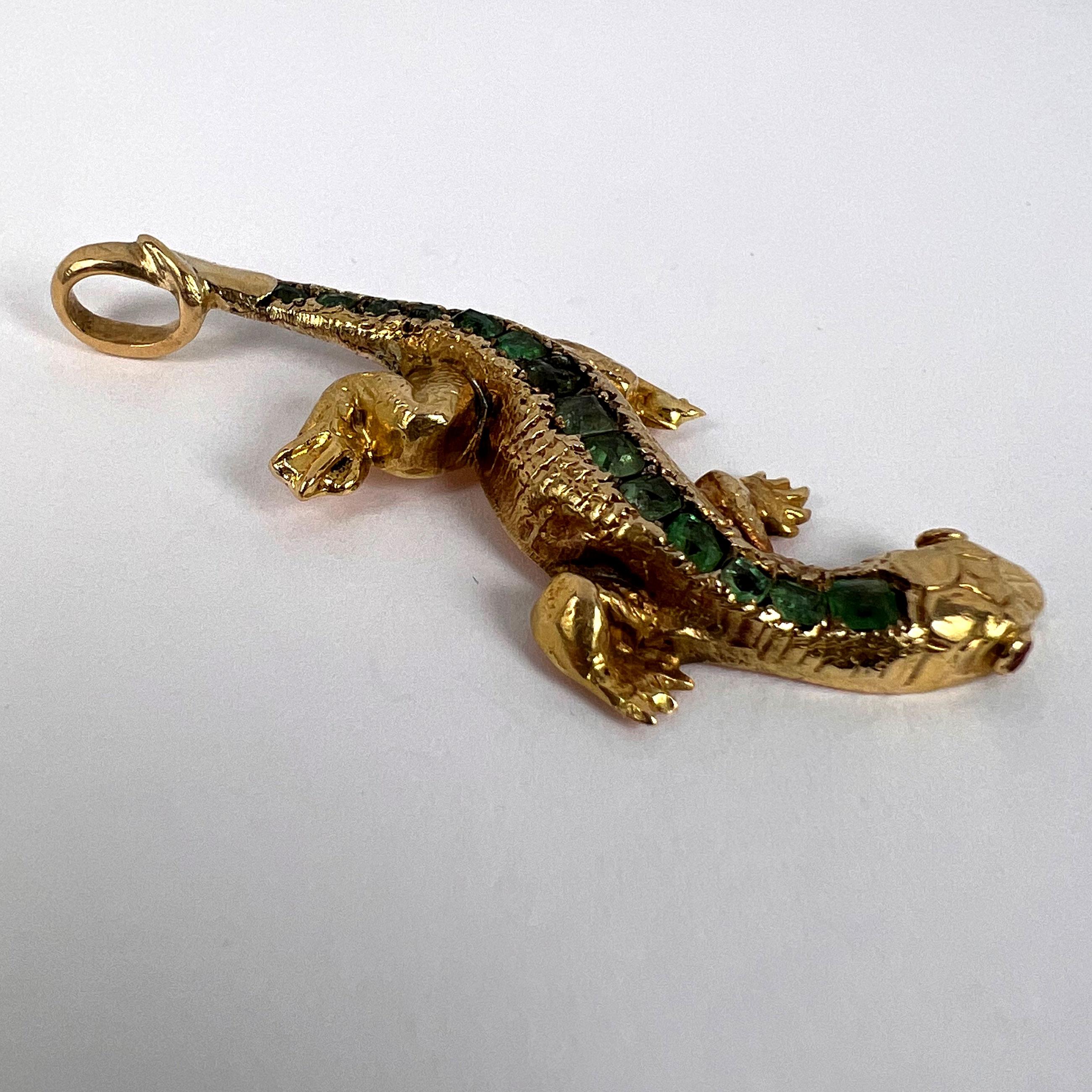 Salamander Lizard 18K Yellow Gold Emerald Ruby Pendant For Sale 4