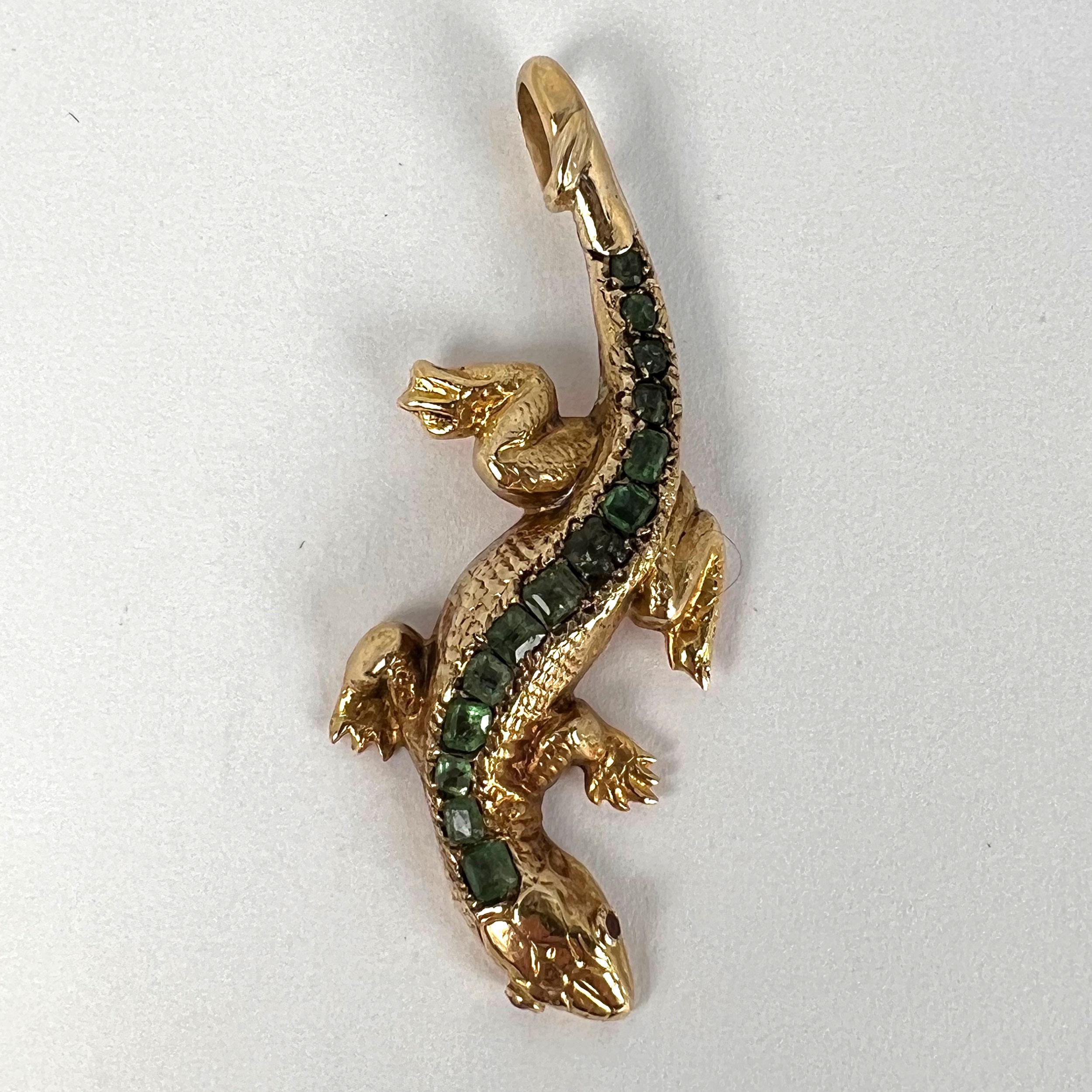 Salamander Lizard 18K Yellow Gold Emerald Ruby Pendant For Sale 5