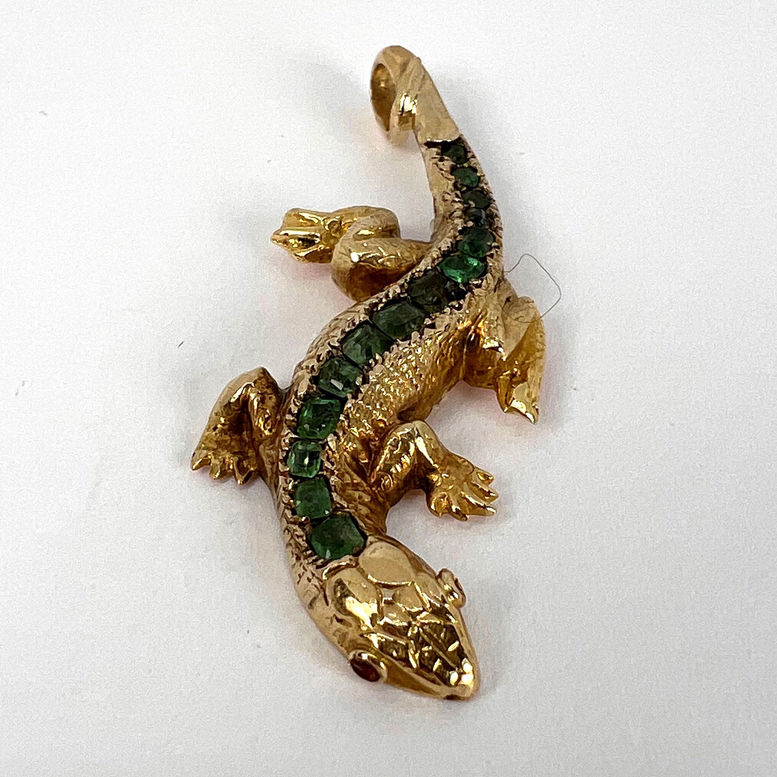Salamander Lizard 18K Yellow Gold Emerald Ruby Pendant For Sale 6
