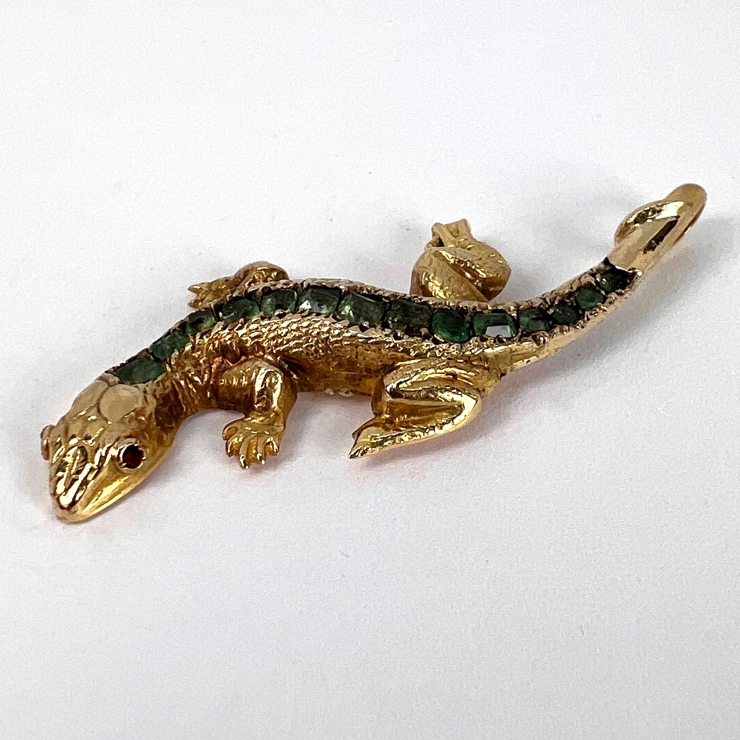 Salamander Lizard 18K Yellow Gold Emerald Ruby Pendant For Sale 7