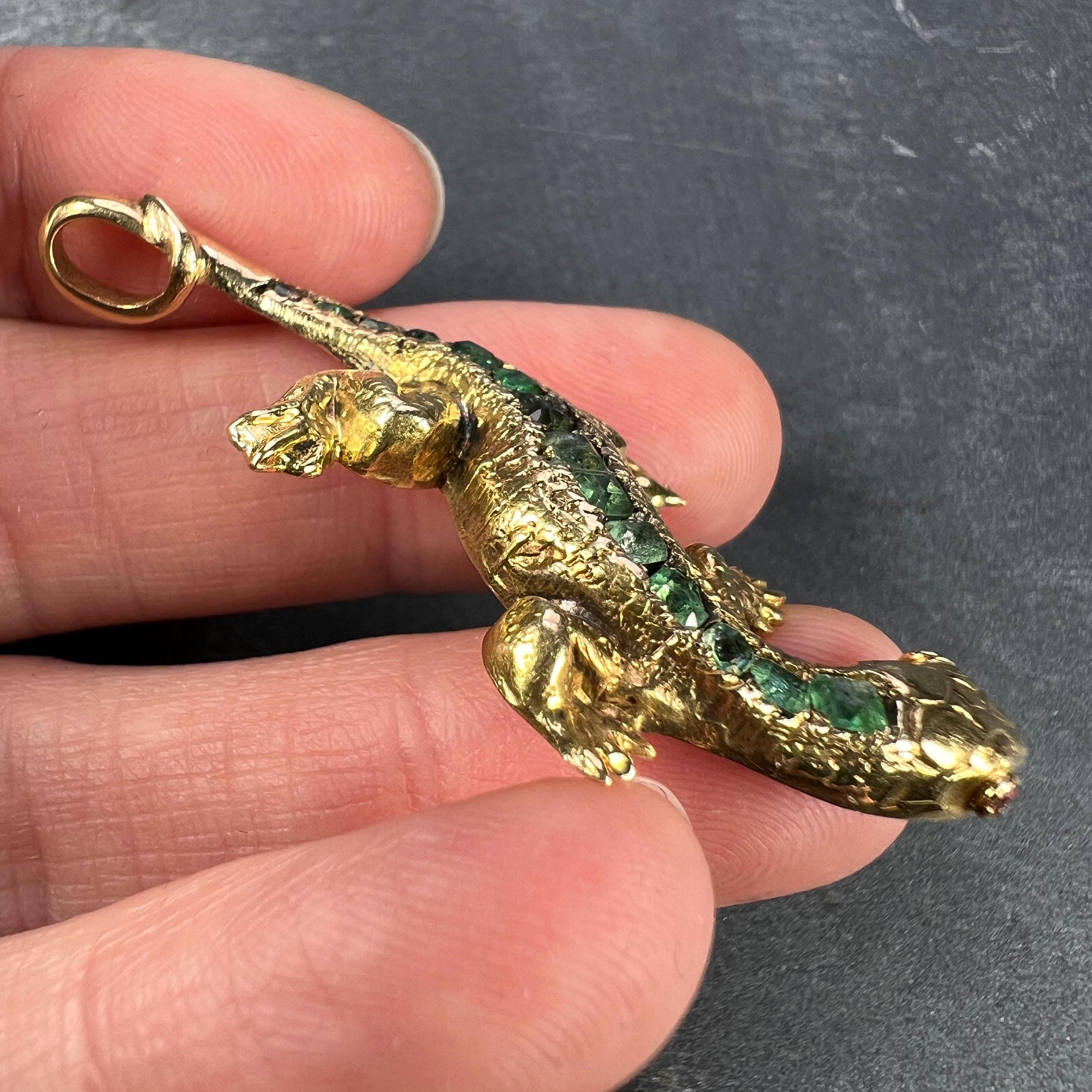 Emerald Cut Salamander Lizard 18K Yellow Gold Emerald Ruby Pendant For Sale
