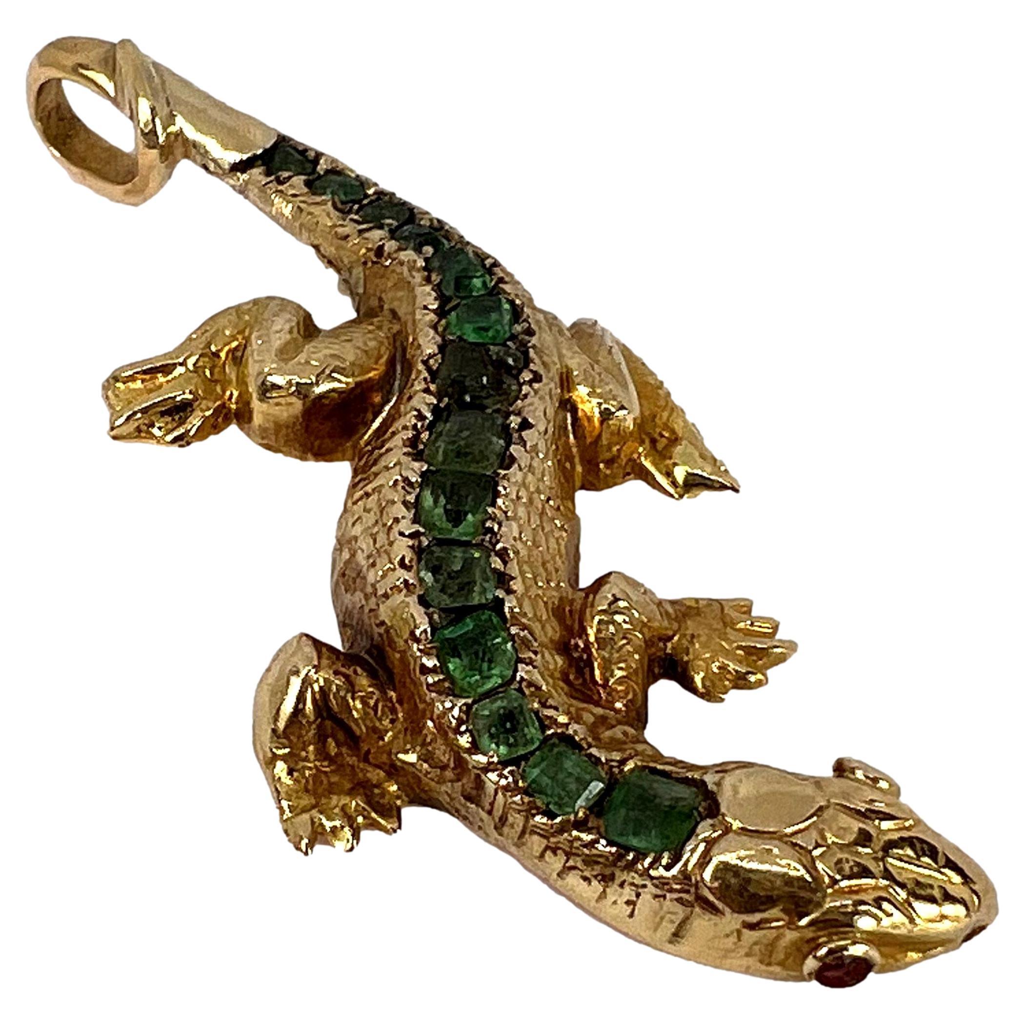 Salamander Lizard 18K Yellow Gold Emerald Ruby Pendant For Sale