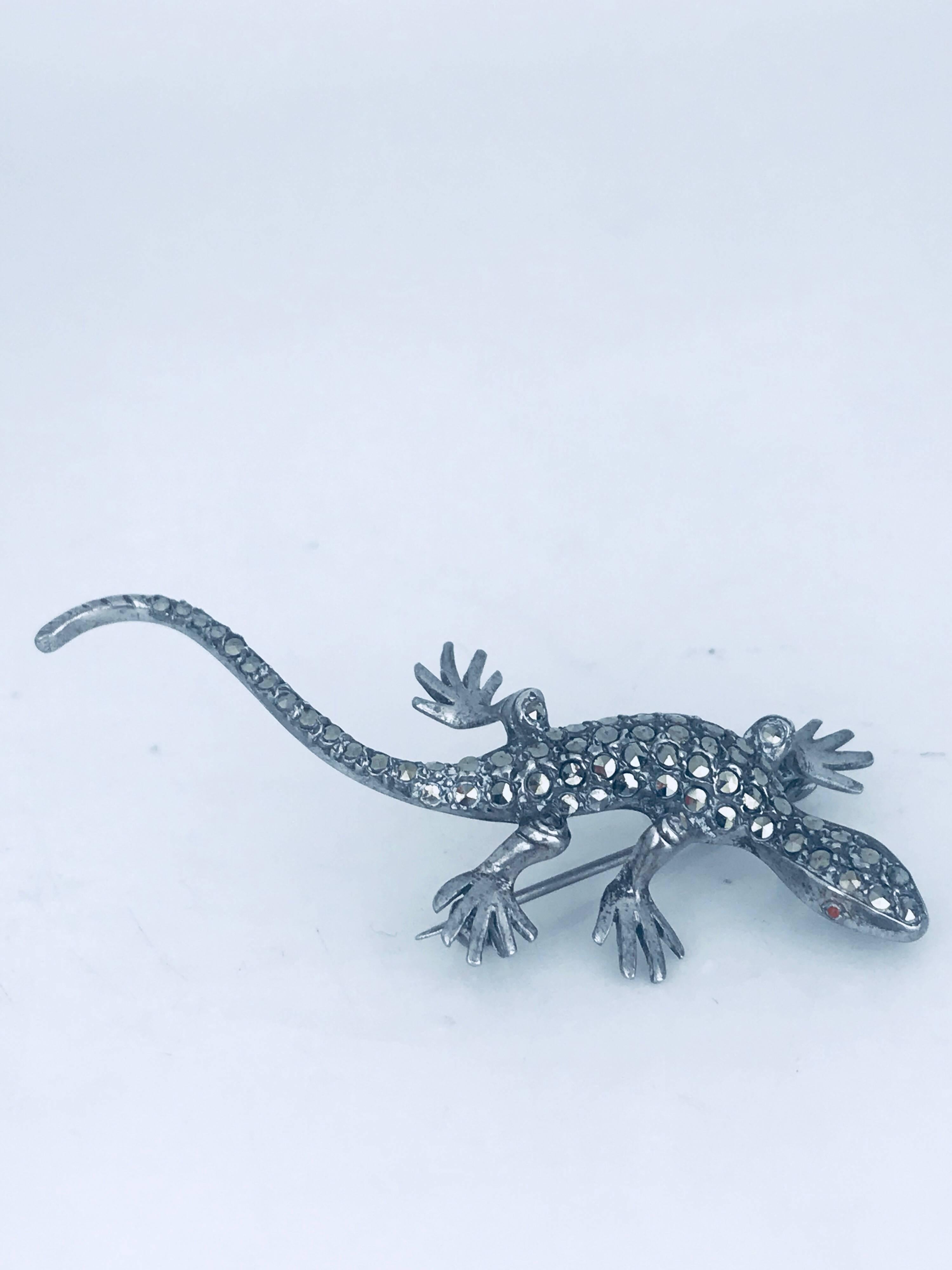 Salamander, German Sterling Silver, Marcasite Stone Pin In Excellent Condition For Sale In Aliso Viejo, CA