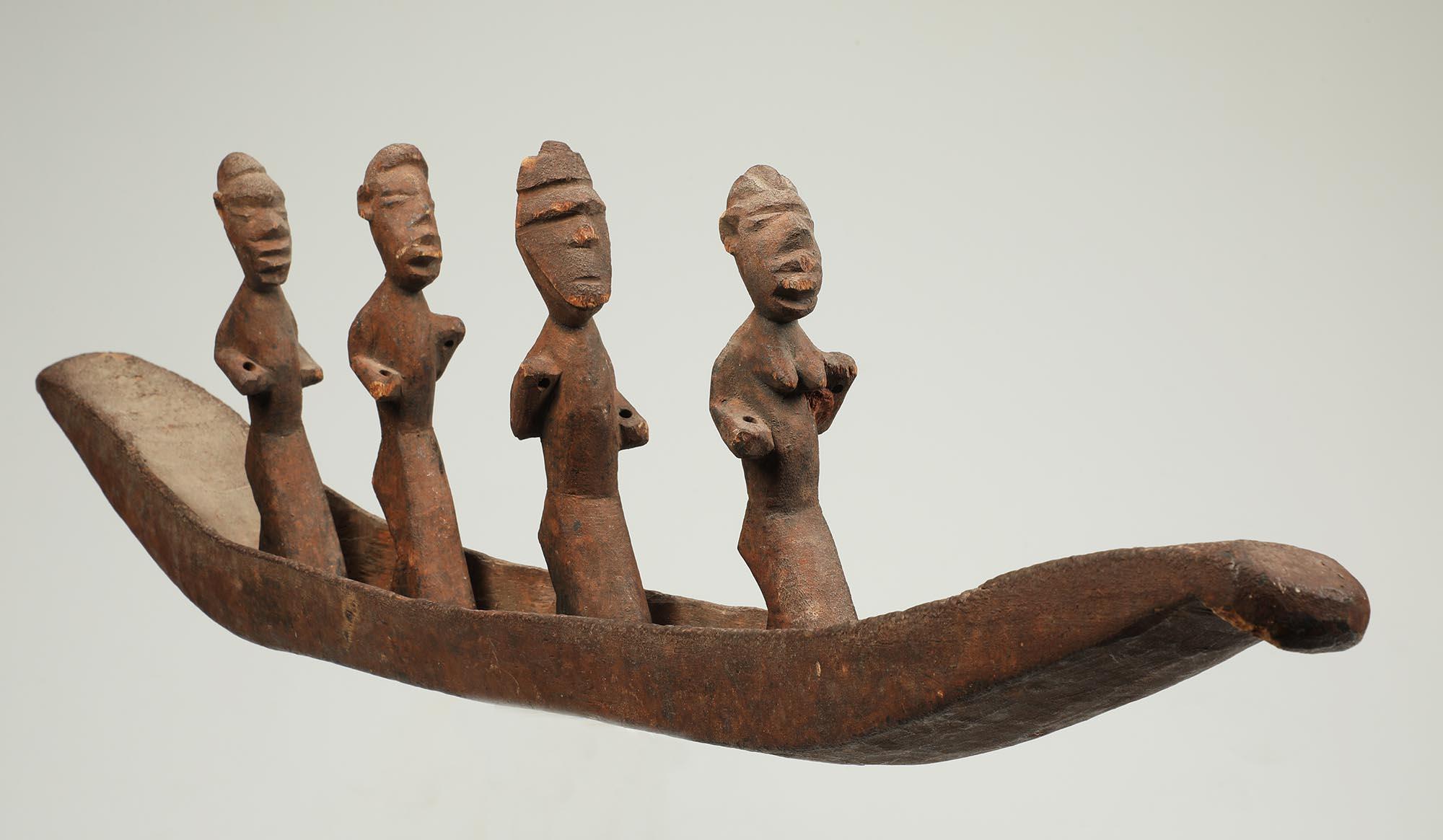 Tribal Salampasu Ritual Wood Boat with Four Masked Figure & Attendants Congo For Sale