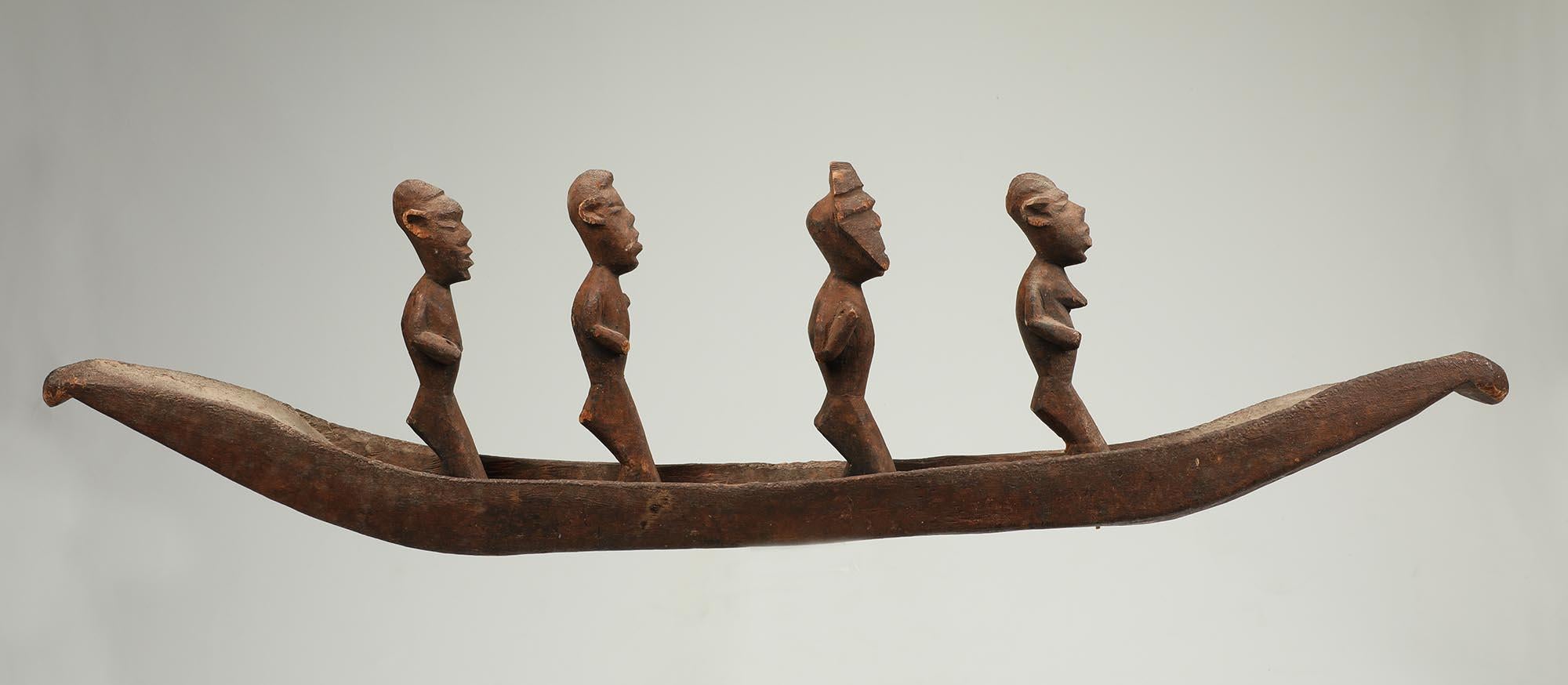 Congolese Salampasu Ritual Wood Boat with Four Masked Figure & Attendants Congo For Sale