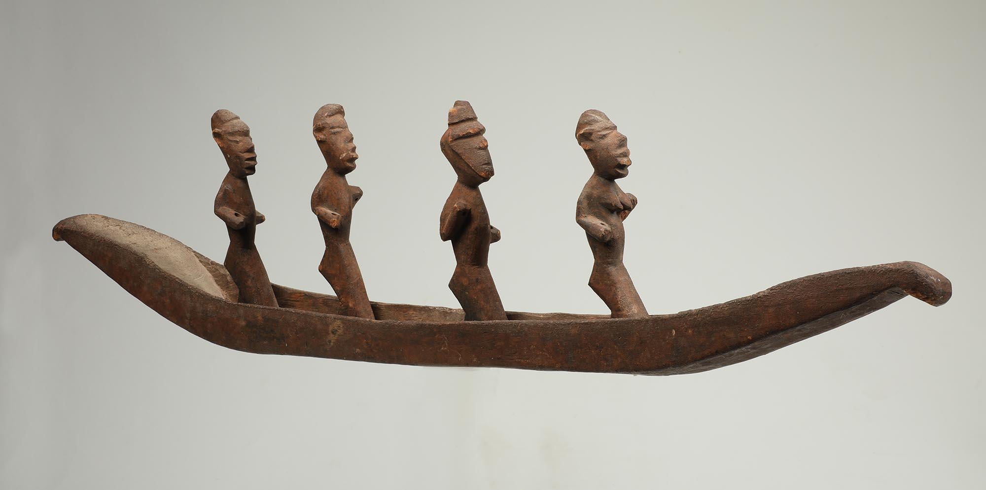 Salampasu Ritual Wood Boat with Four Masked Figure & Attendants Congo For Sale 1