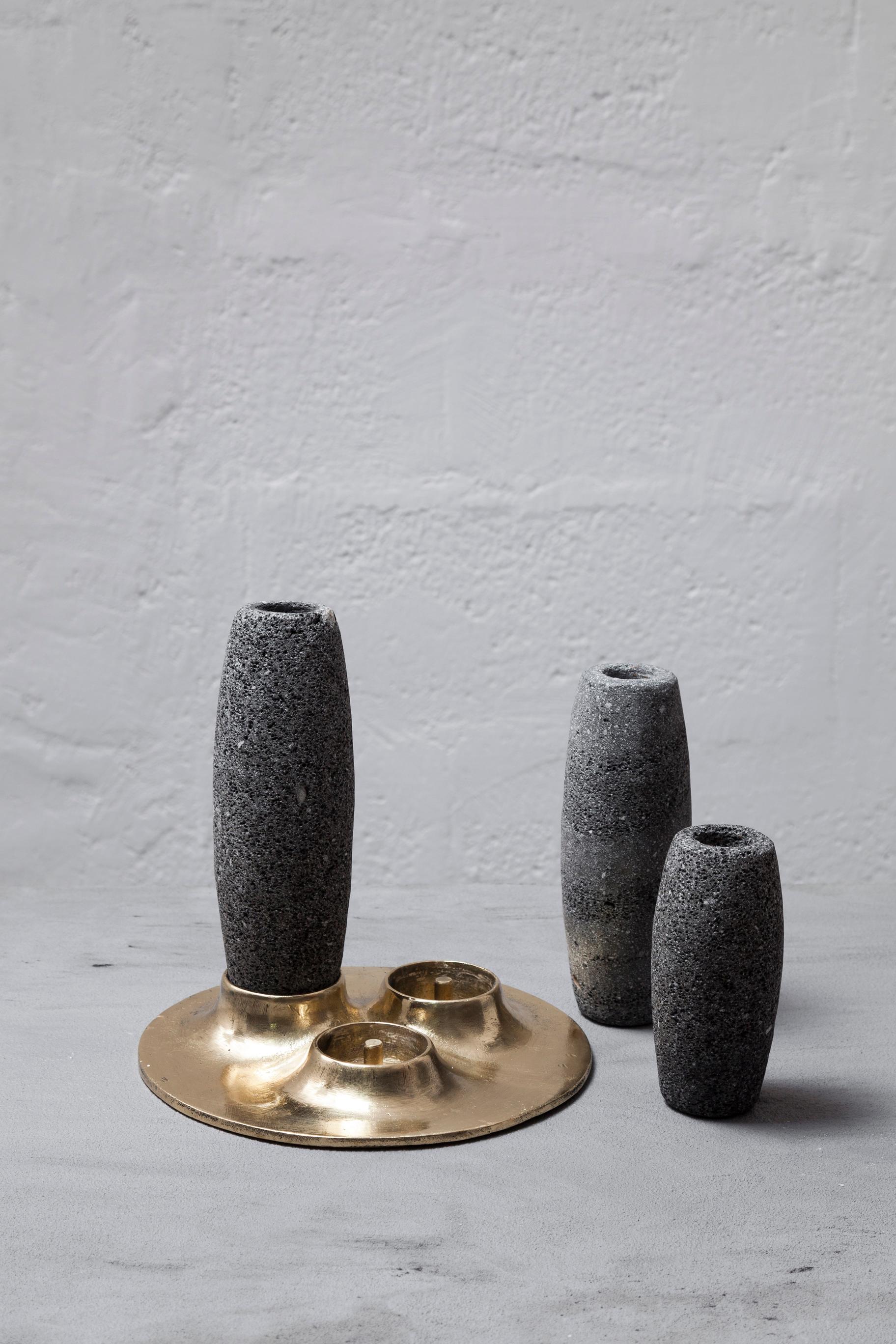 Pre-Columbian SALAR Candle Holder in Casted Bronze and Volcanic Stone by ANDEAN, In Stock For Sale