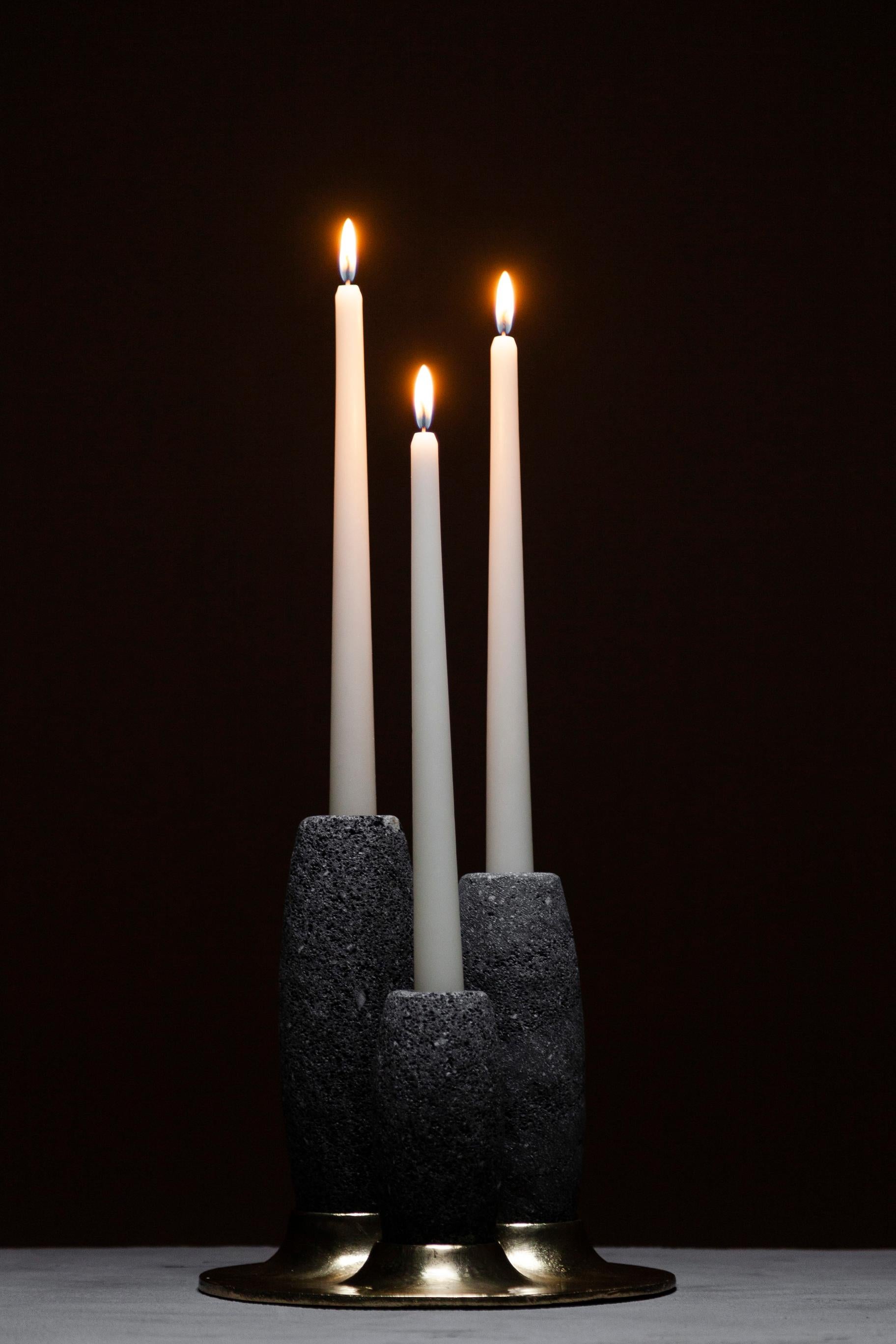 SALAR Candle Holder in Casted Bronze and Volcanic Stone by ANDEAN, In Stock In New Condition For Sale In Quito, EC