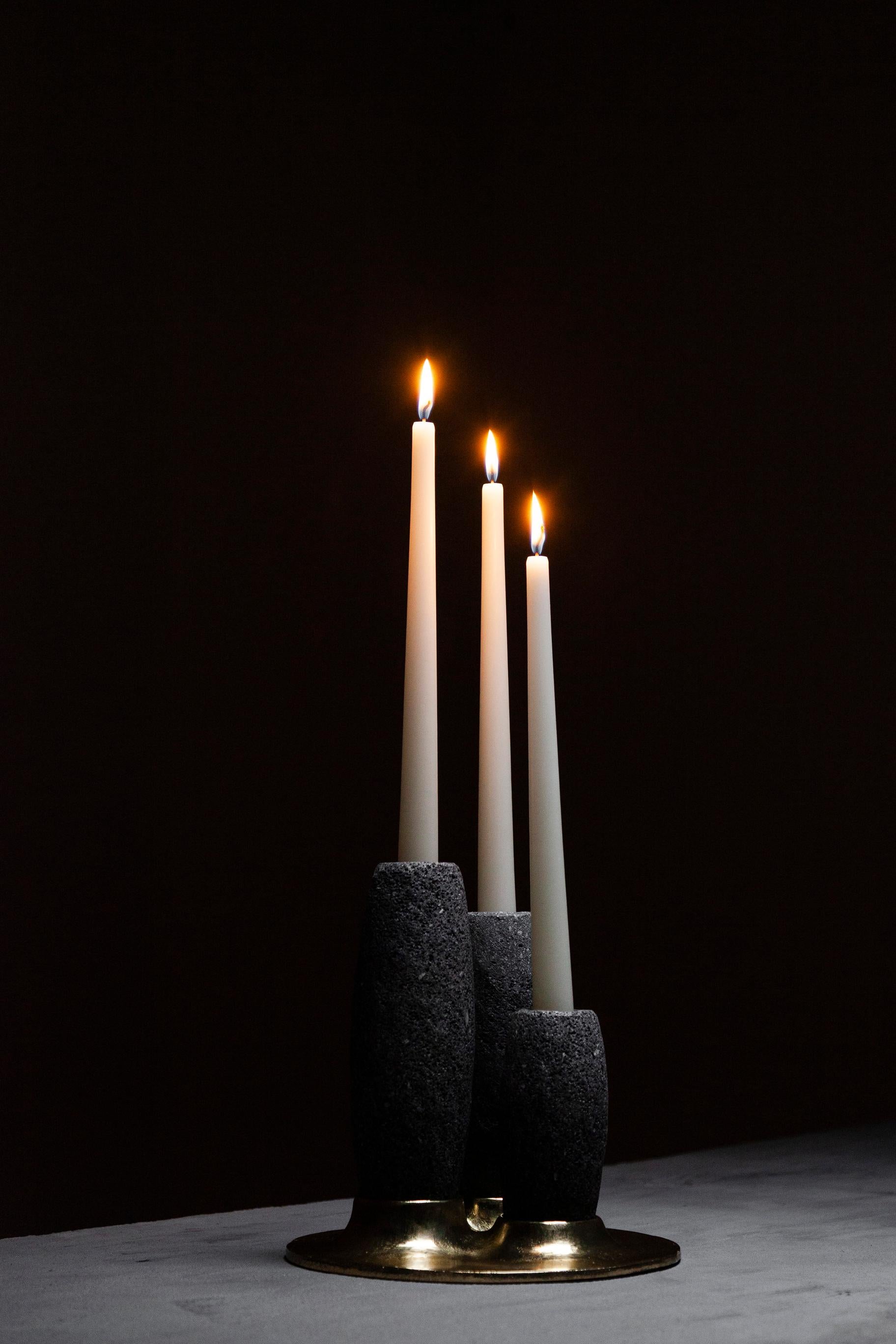Contemporary SALAR Candle Holder in Casted Bronze and Volcanic Stone by ANDEAN, In Stock For Sale