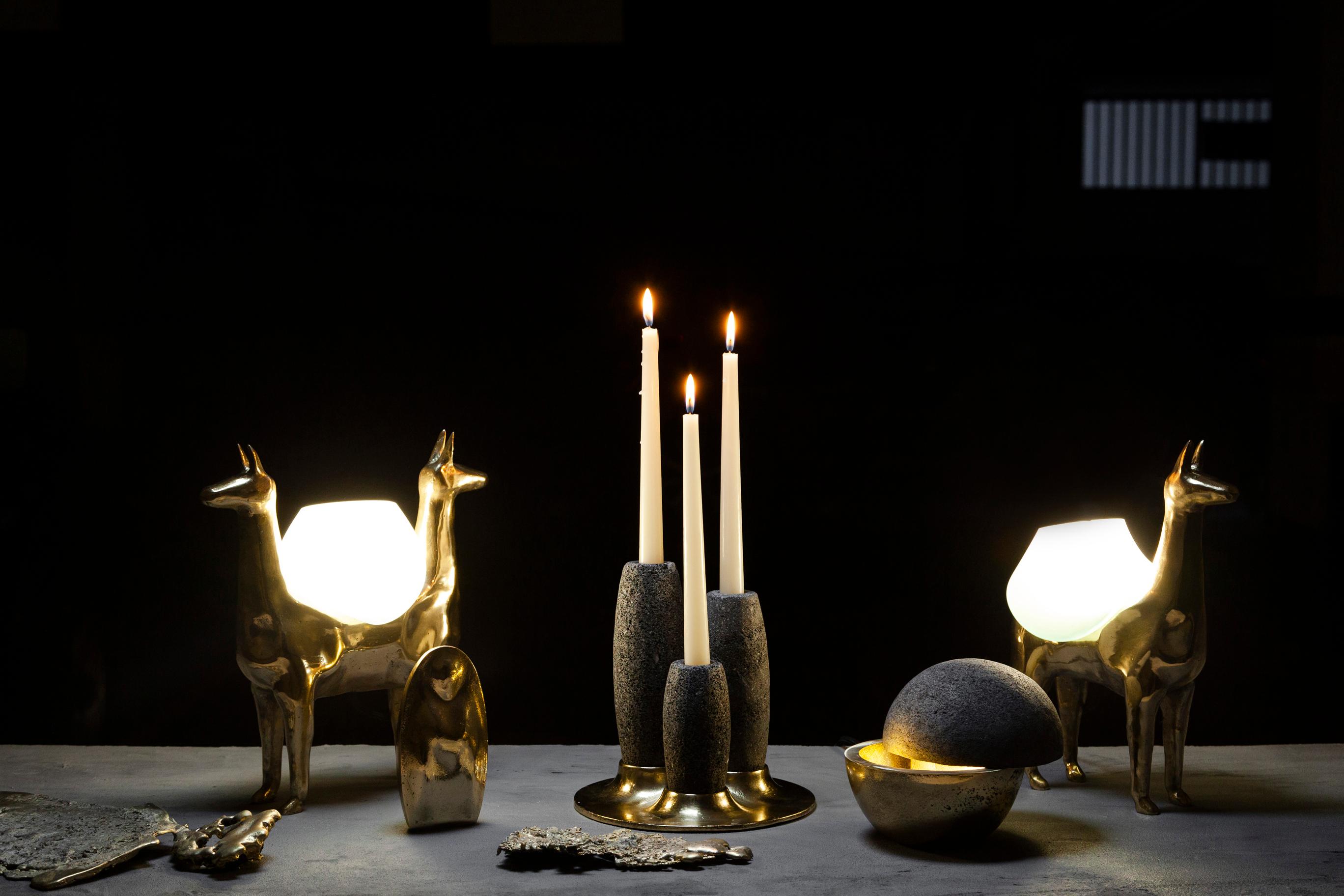 SALAR Candle Holder in Casted Bronze and Volcanic Stone by ANDEAN, In Stock For Sale 1