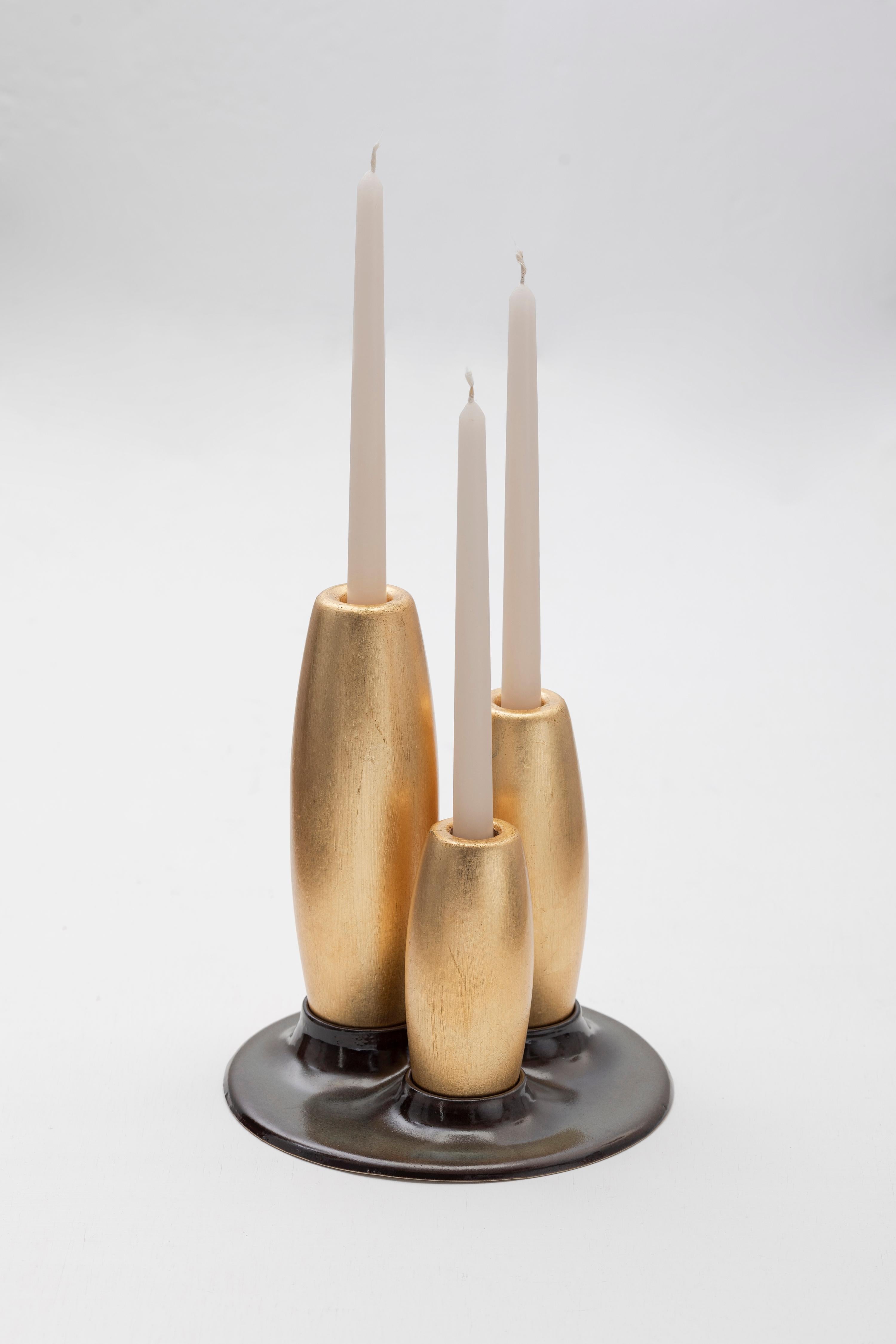 Pre-Columbian SALAR Decorative Ceramic Candleholder w Gold Leaf Solid Wood Plynths by ANDEAN For Sale