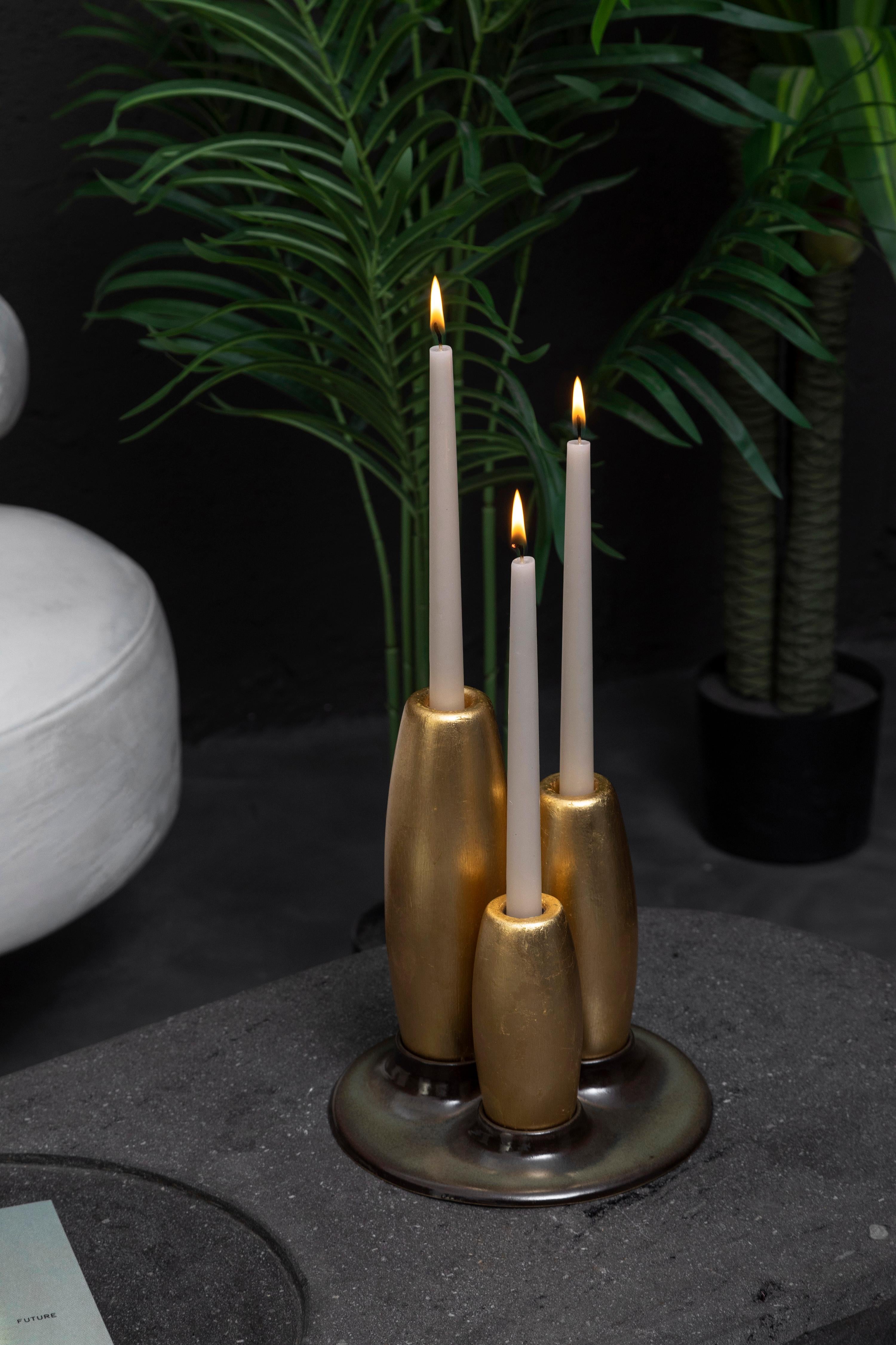 Ecuadorean SALAR Decorative Ceramic Candleholder w Gold Leaf Solid Wood Plynths by ANDEAN For Sale