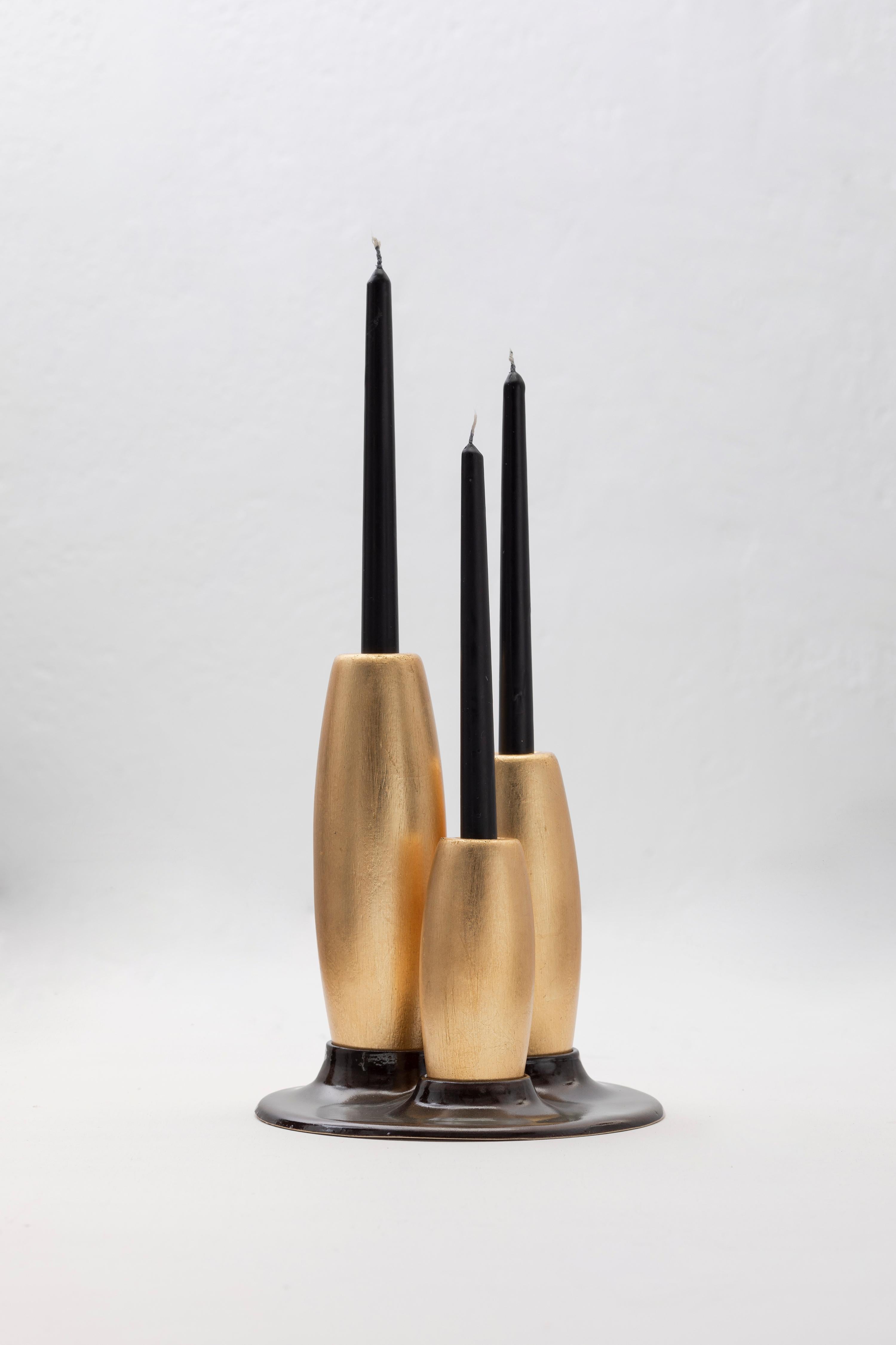 SALAR Decorative Ceramic Candleholder w Gold Leaf Solid Wood Plynths by ANDEAN In New Condition For Sale In Quito, Pichincha