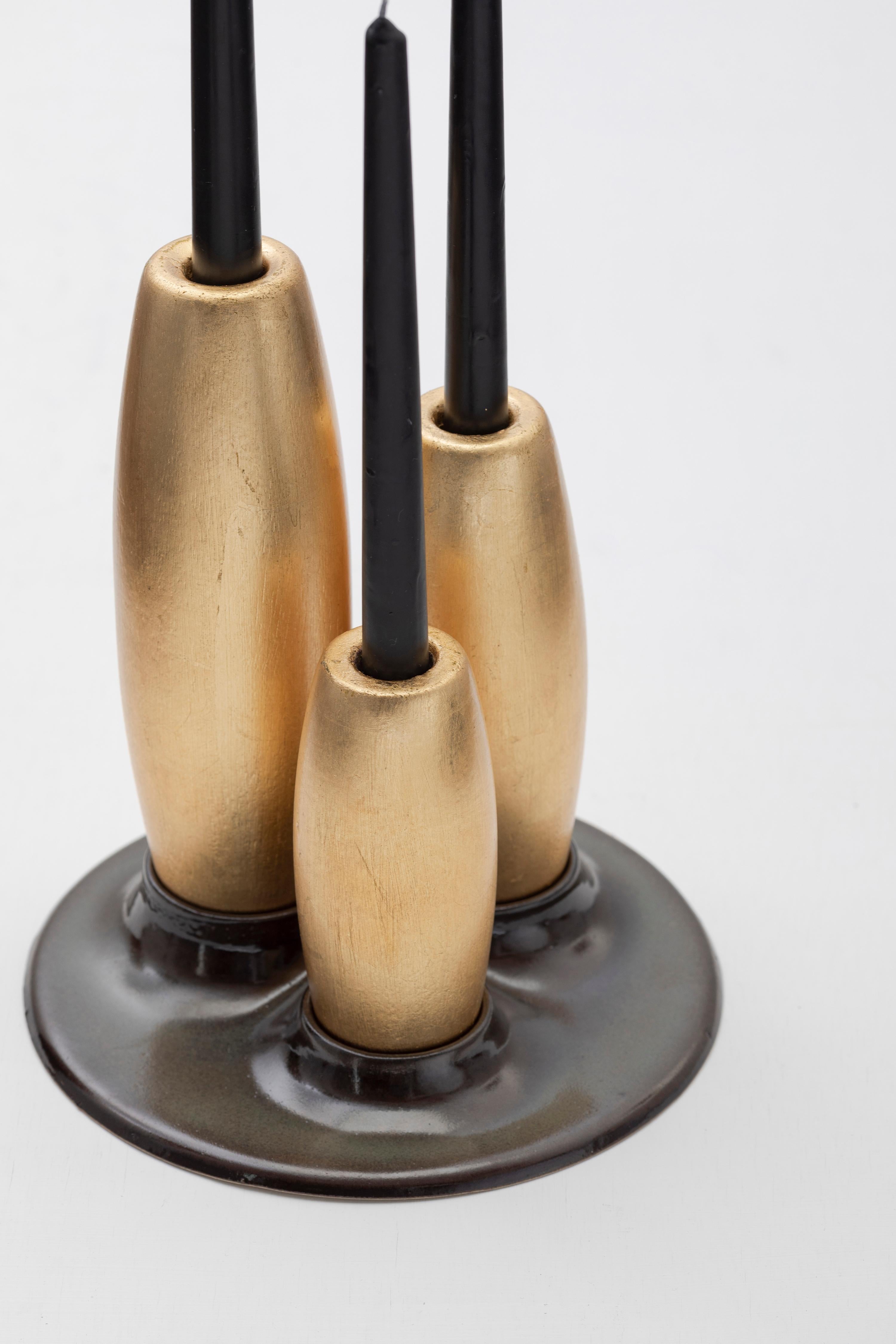 Contemporary SALAR Decorative Ceramic Candleholder w Gold Leaf Solid Wood Plynths by ANDEAN For Sale