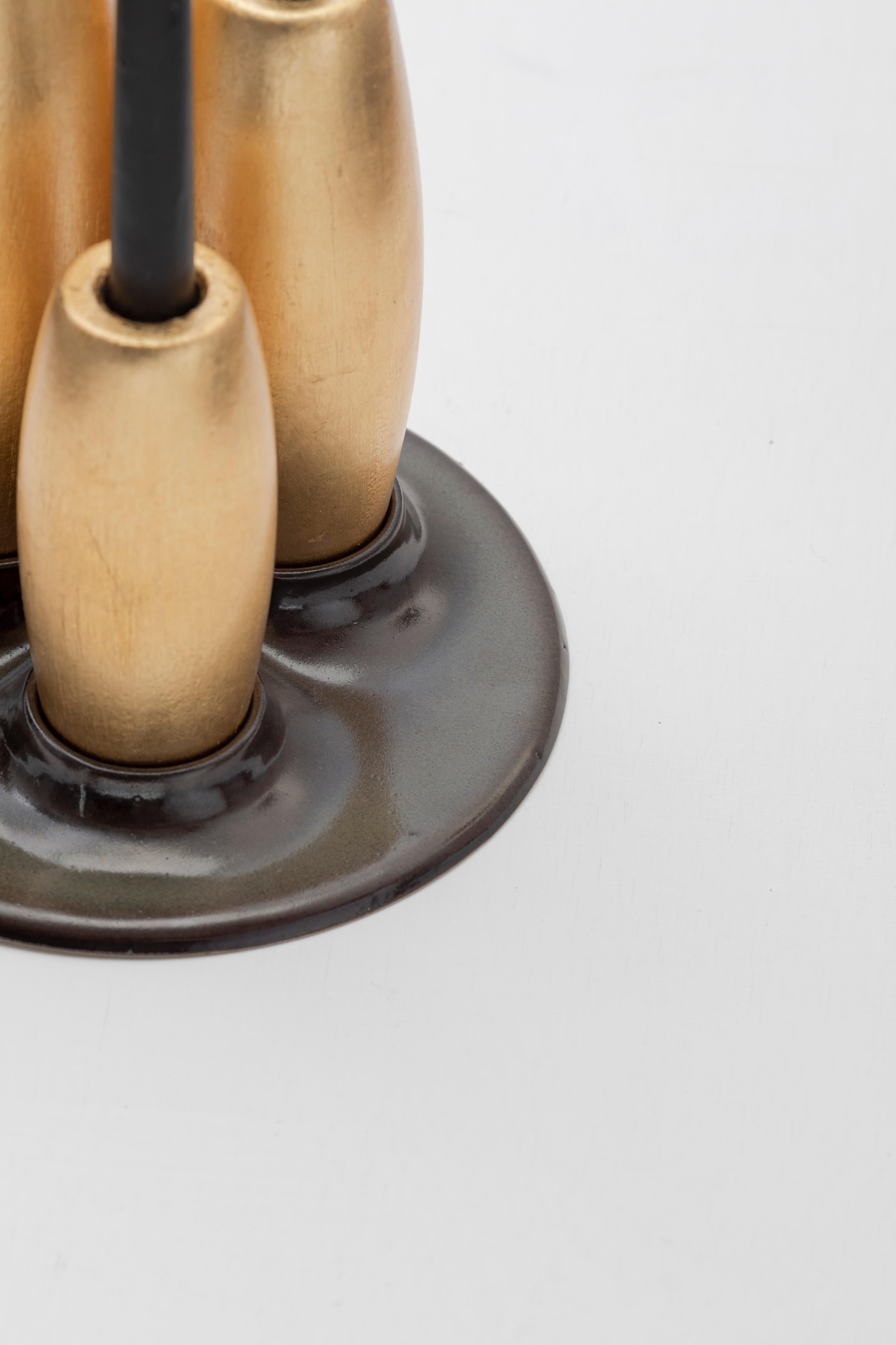 Hardwood SALAR Decorative Ceramic Candleholder w Gold Leaf Solid Wood Plynths by ANDEAN For Sale